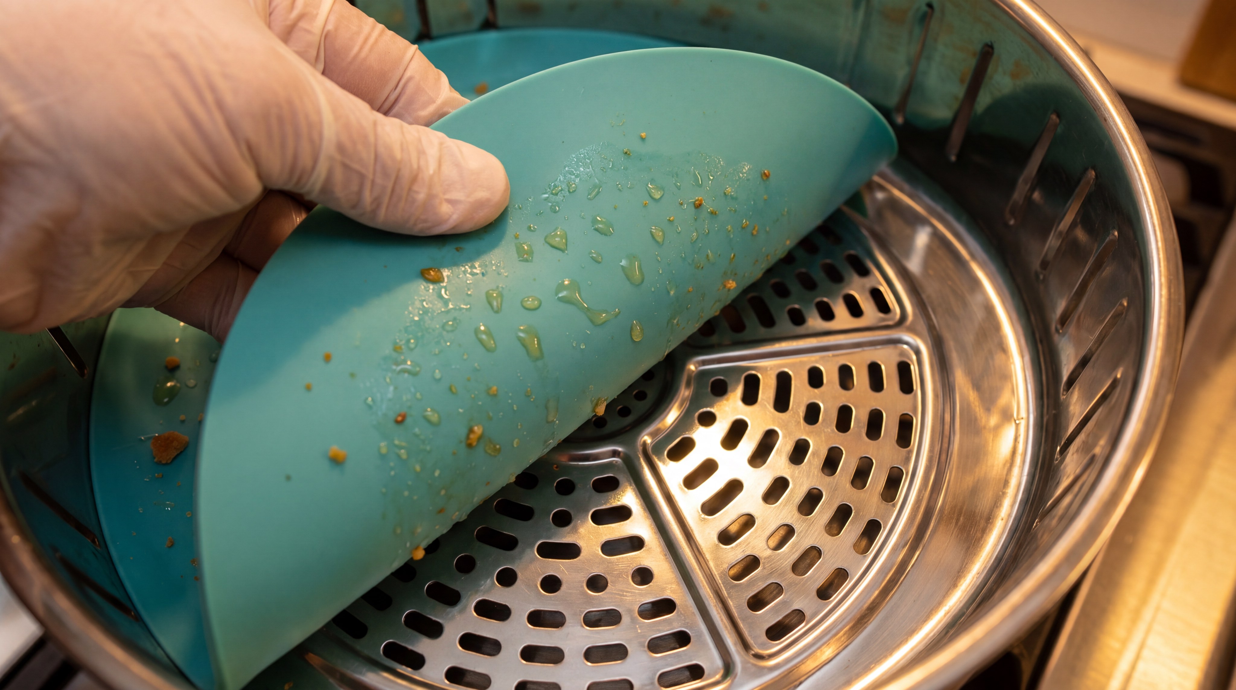 Lifting a Dirty Silicone Mat from Fryer Basket