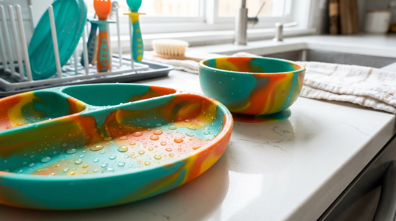 wet silicone baby dishware counter