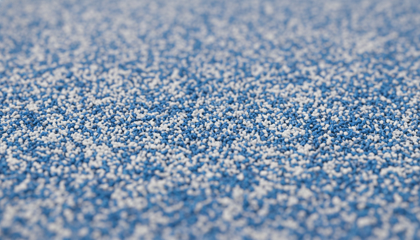 A macro photograph of high-density blue padel turf with a light, even dusting of white silica sand.