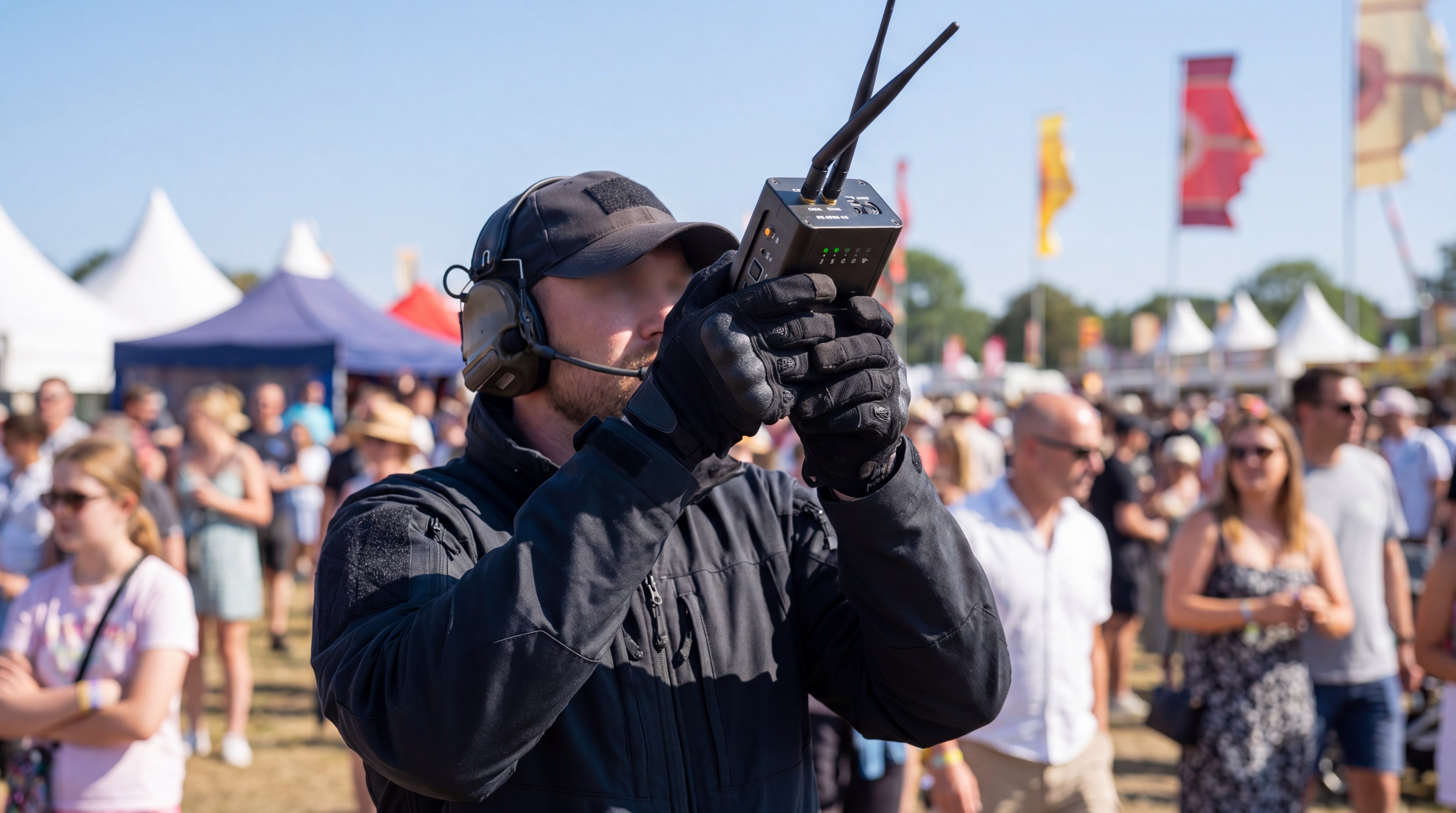 Security operator with anti-drone jammer at event