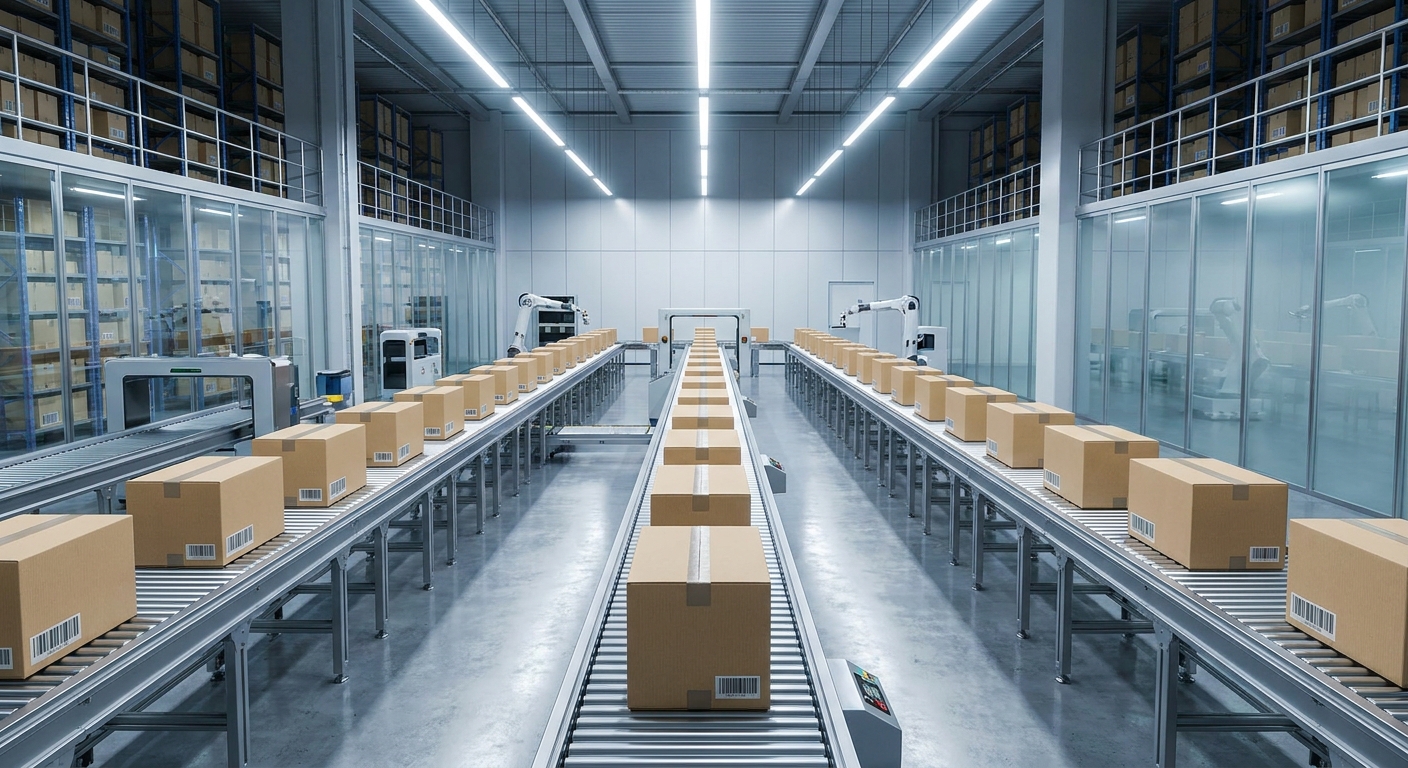 Automated E-commerce Fulfillment Conveyor Belt in Modern Warehouse
