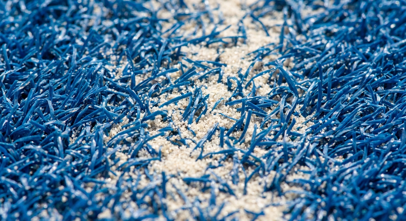 A macro photorealistic close-up of blue textured padel turf, showing the individual synthetic fibers and the subtle layer of specialized silica sand.