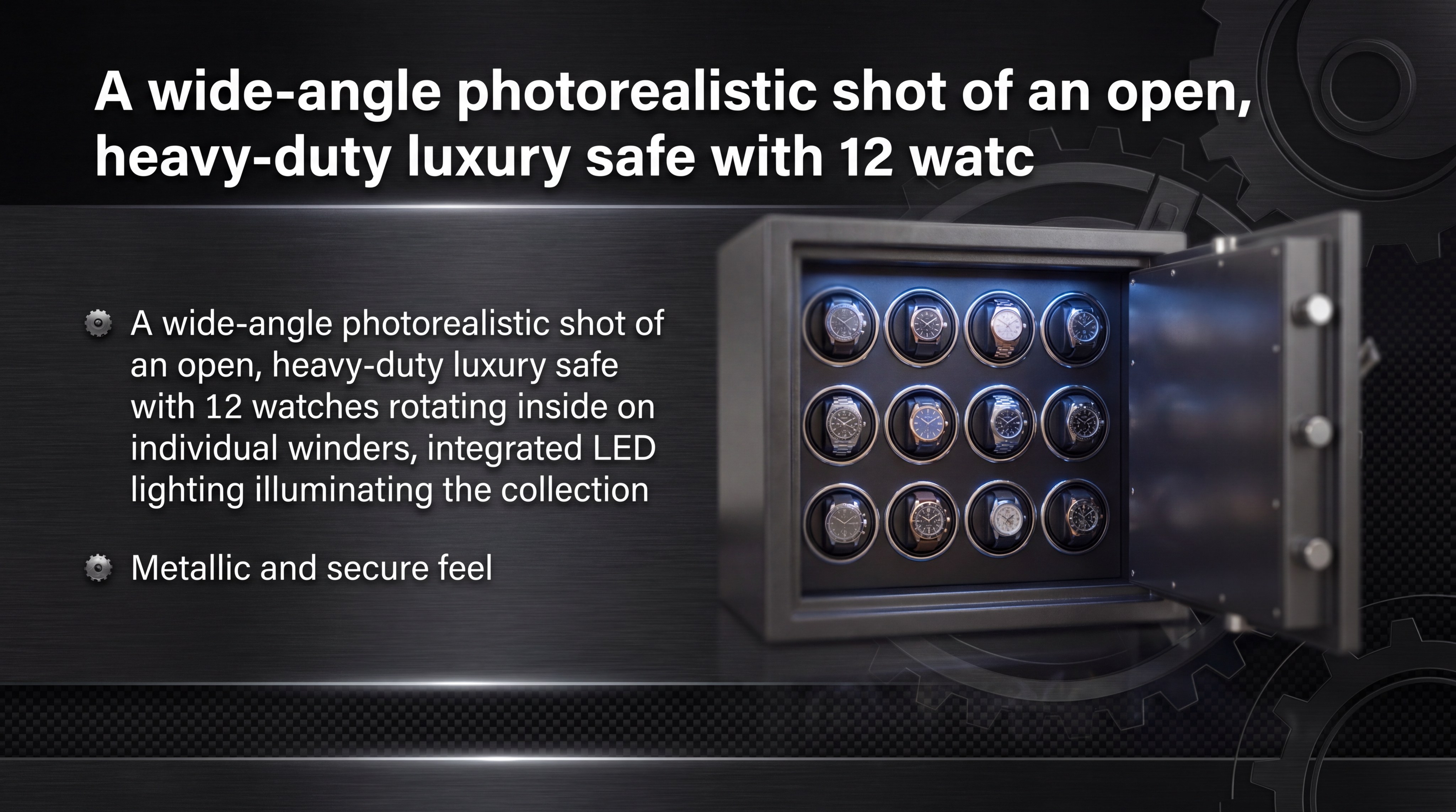 A wide-angle photorealistic shot of an open, heavy-duty luxury safe with 12 watches rotating inside