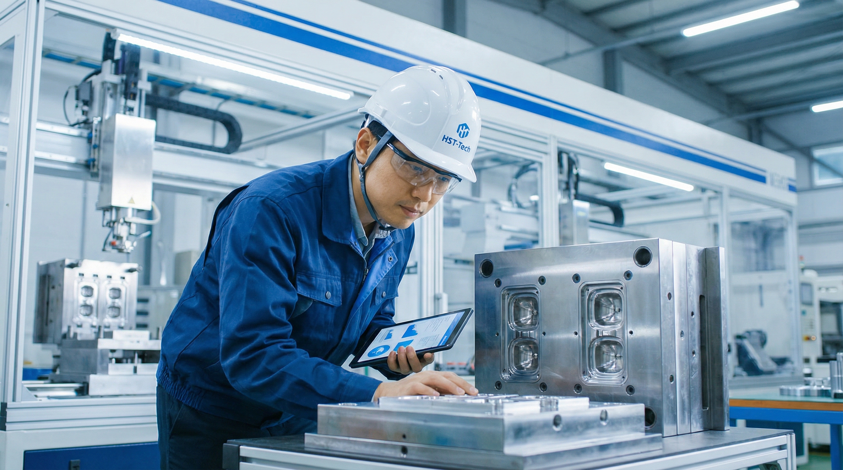 A high-quality metal mold for plastic parts with a professional engineer of Asian descent inspecting it, photorealistic style