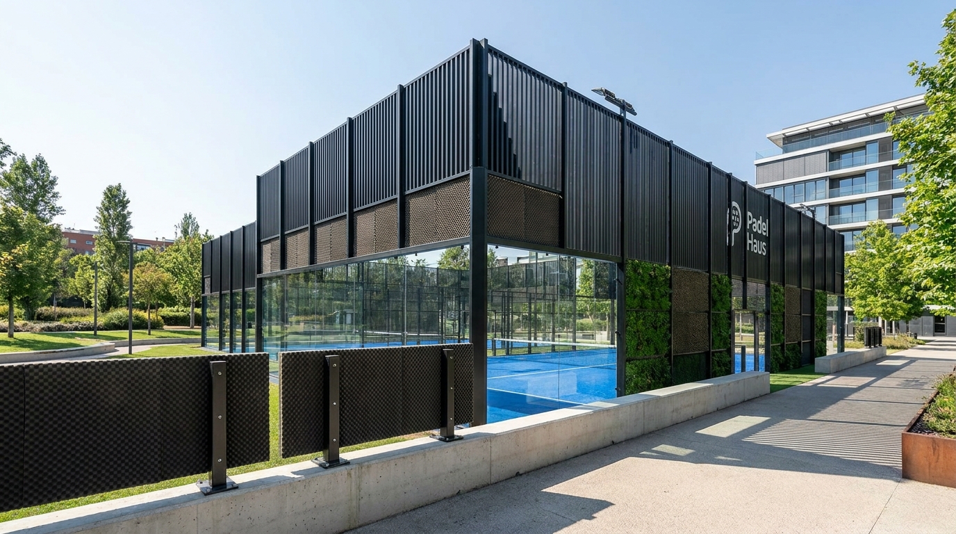 A photorealistic view of an acoustic padel court visualization