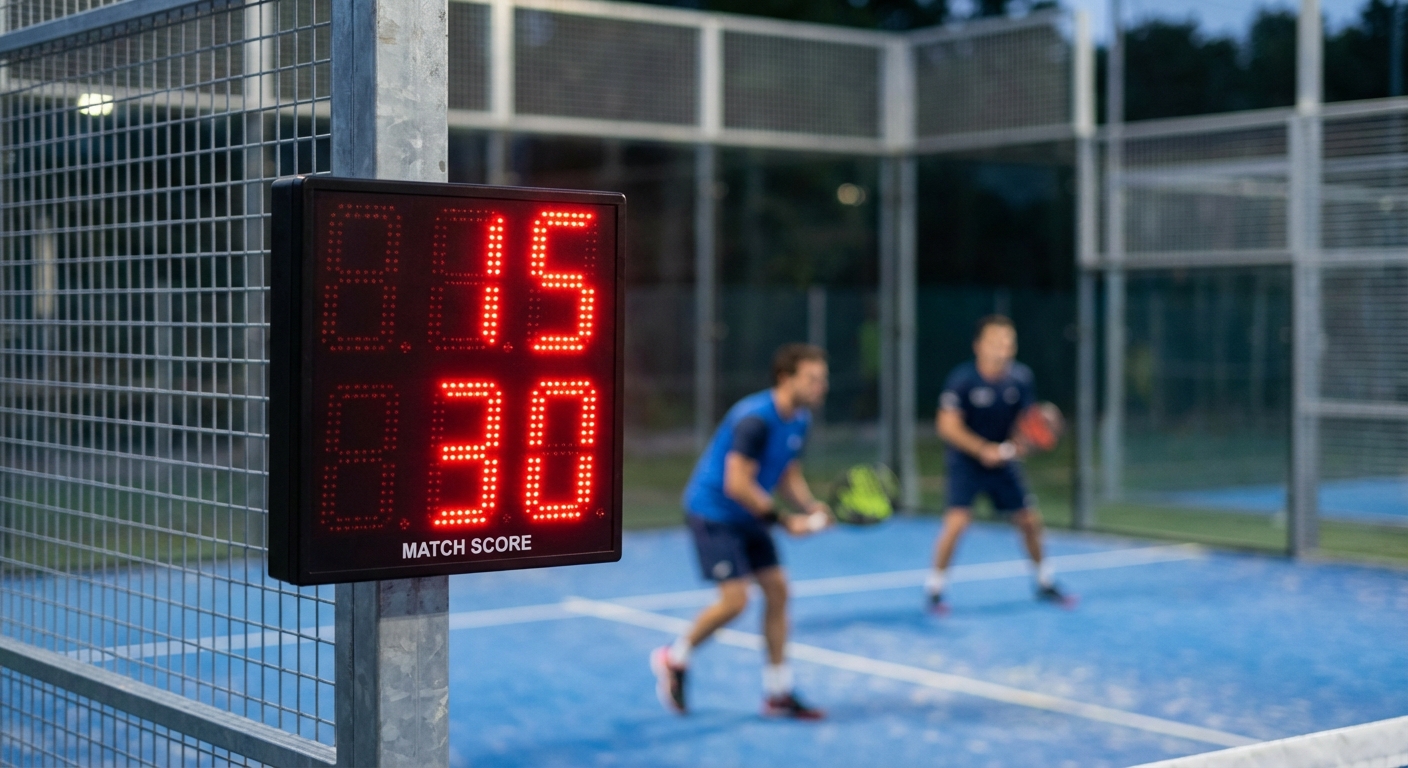 A photorealistic image of a digital scoreboard at a padel board club.