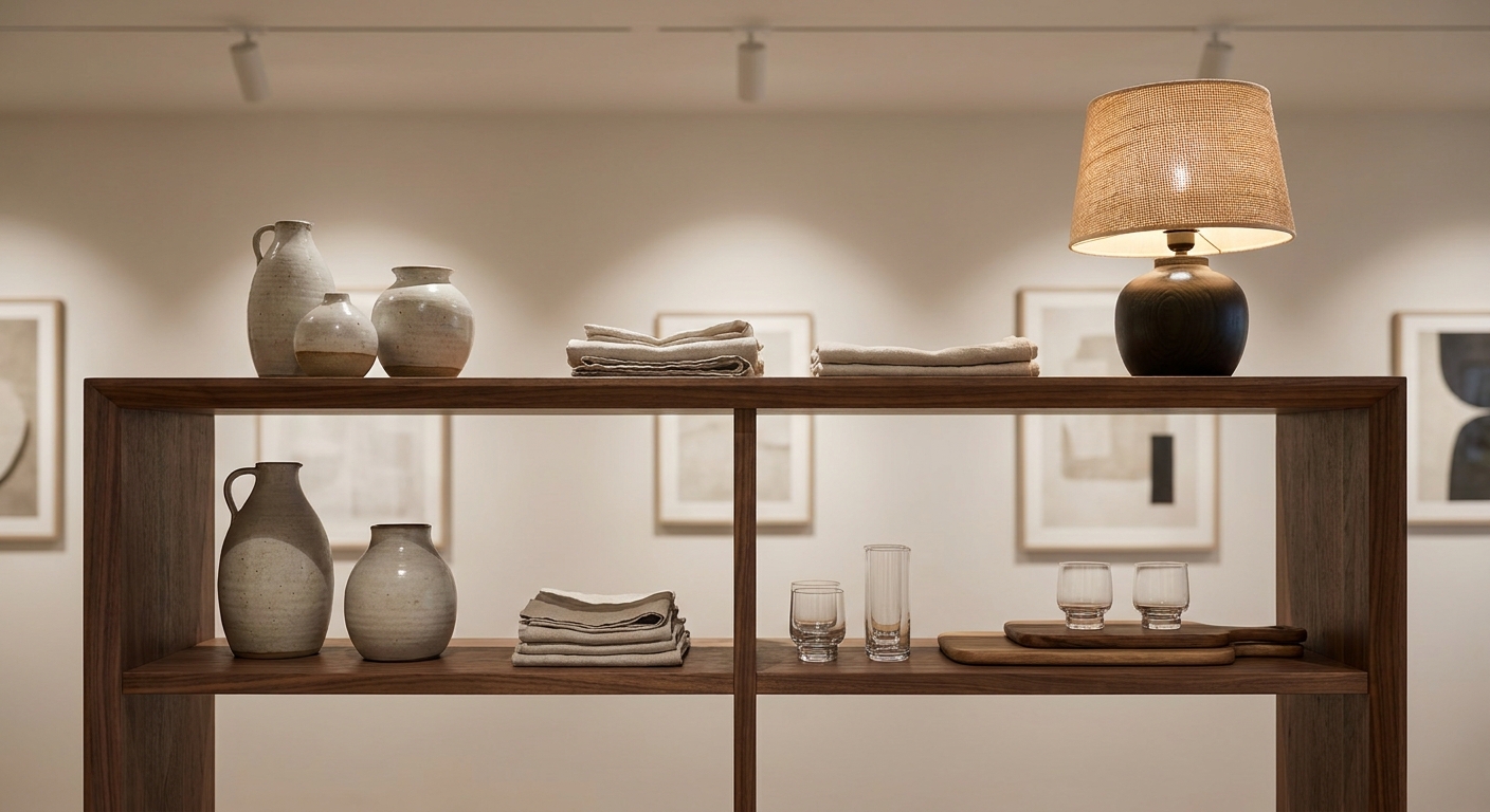 Minimalist display shelf with premium artisanal home decor and boutique lifestyle products