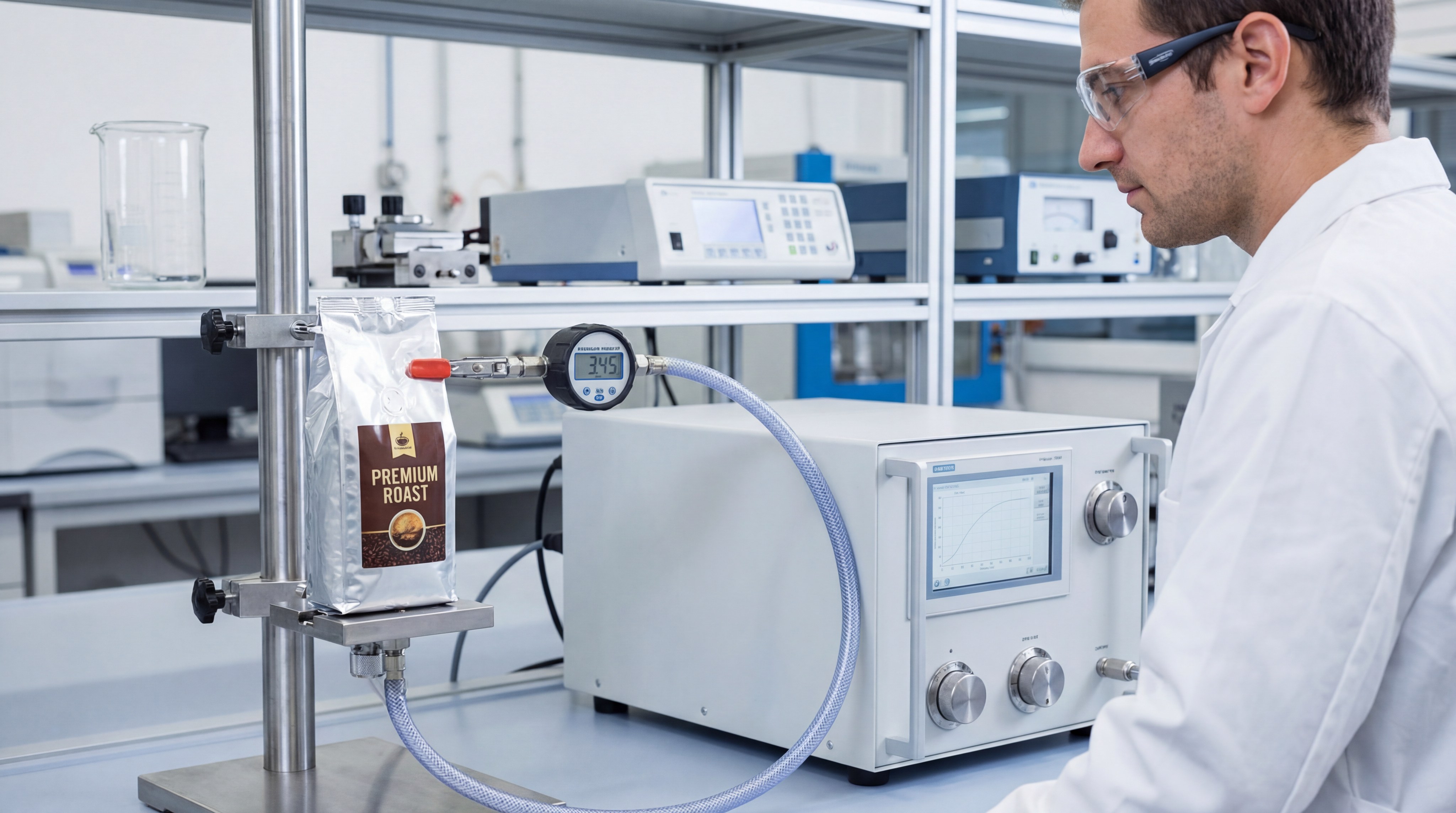 Alt Text: Coffee bag undergoing a pressure burst test to find its breaking point