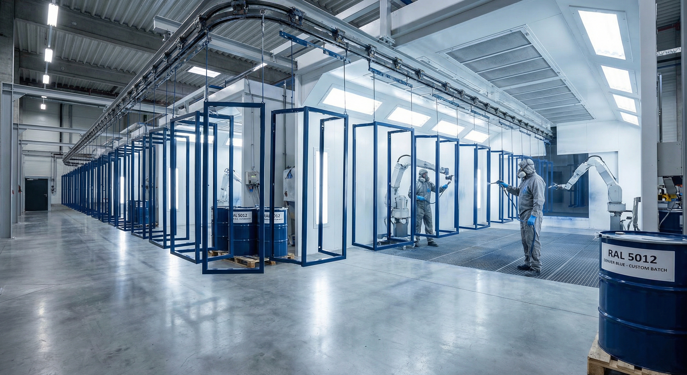 precision-cut steel frames being painted in a custom Denver Blue RAL color