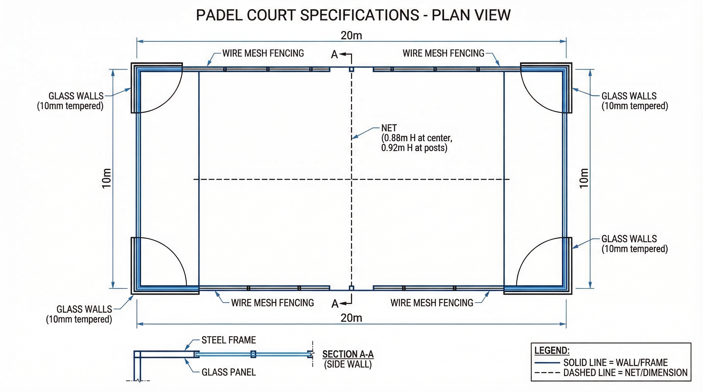 padel court technical diagram