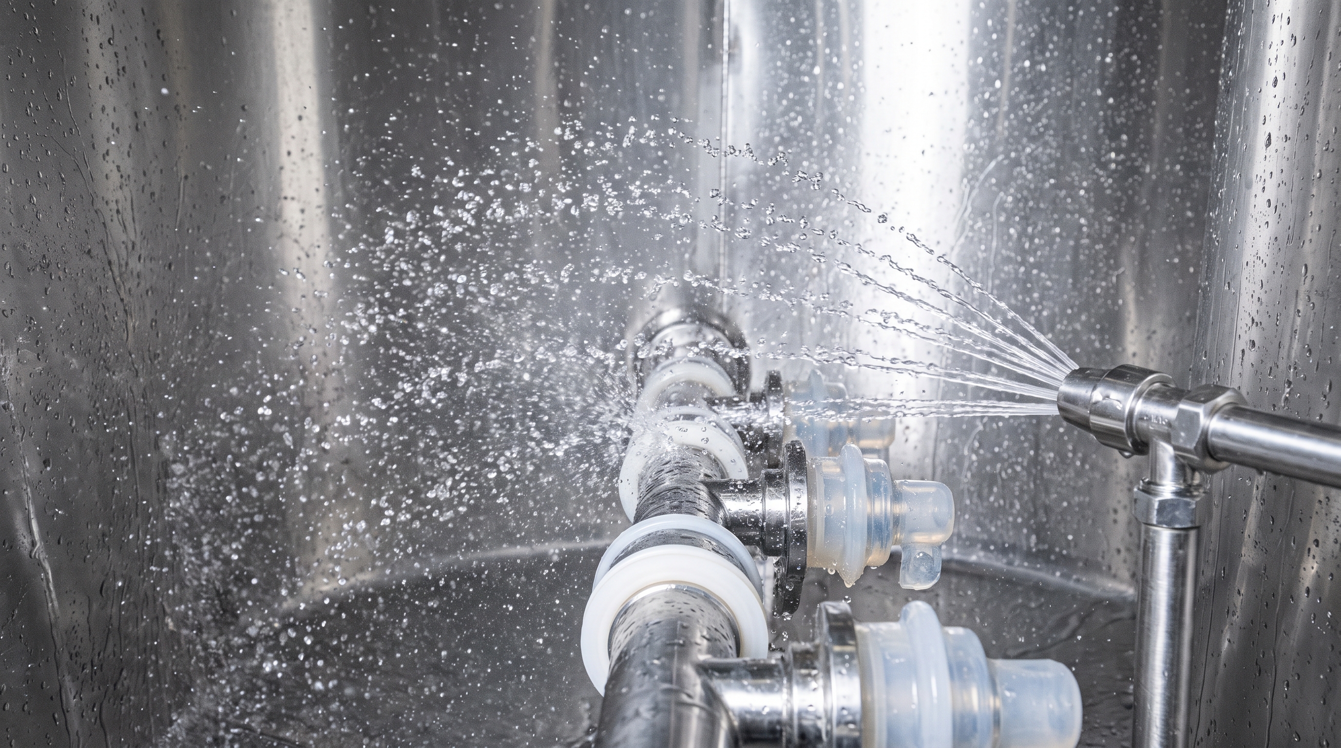 CIP spray nozzle washing down food manufacturing equipment