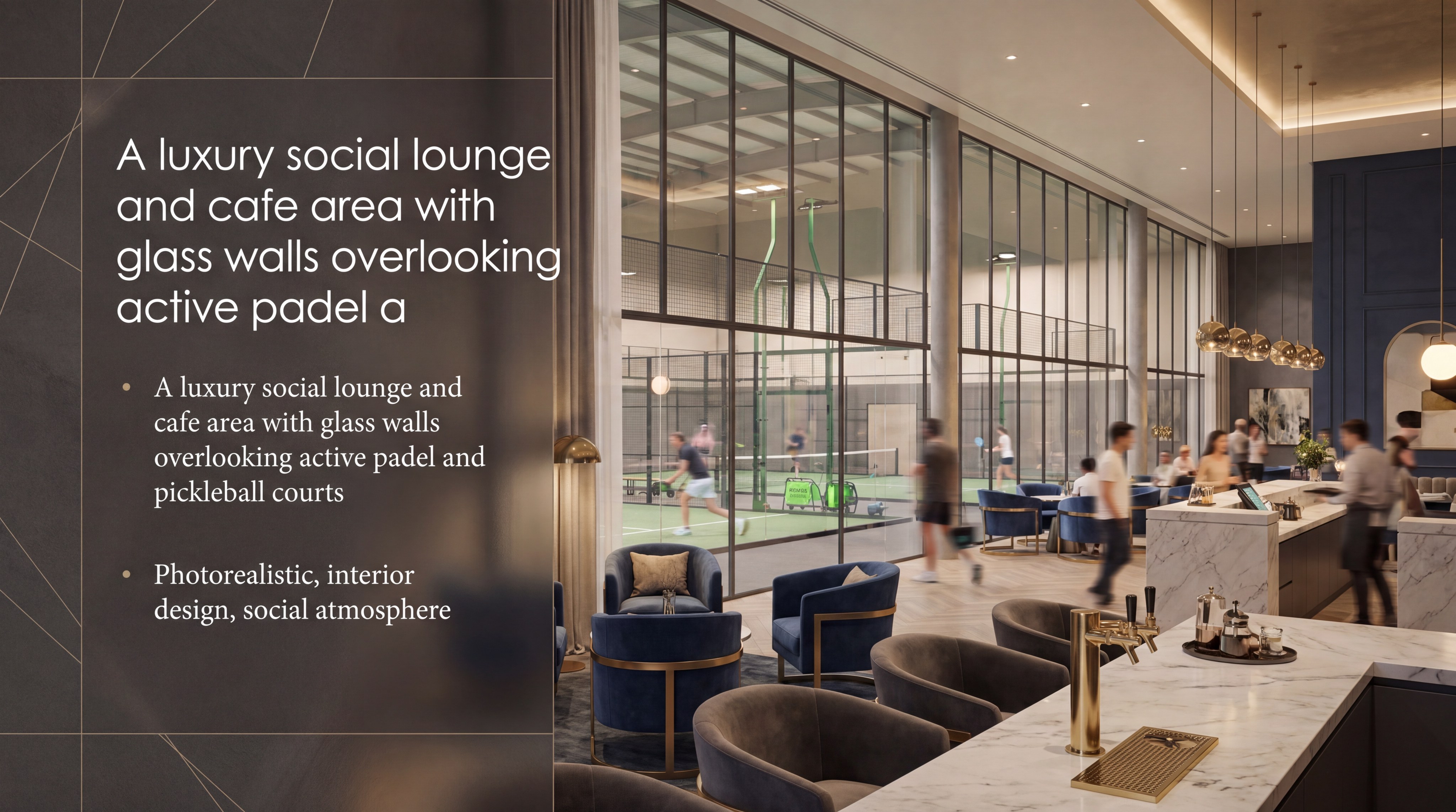 A luxury social lounge and cafe area with glass walls overlooking active padel and pickleball courts