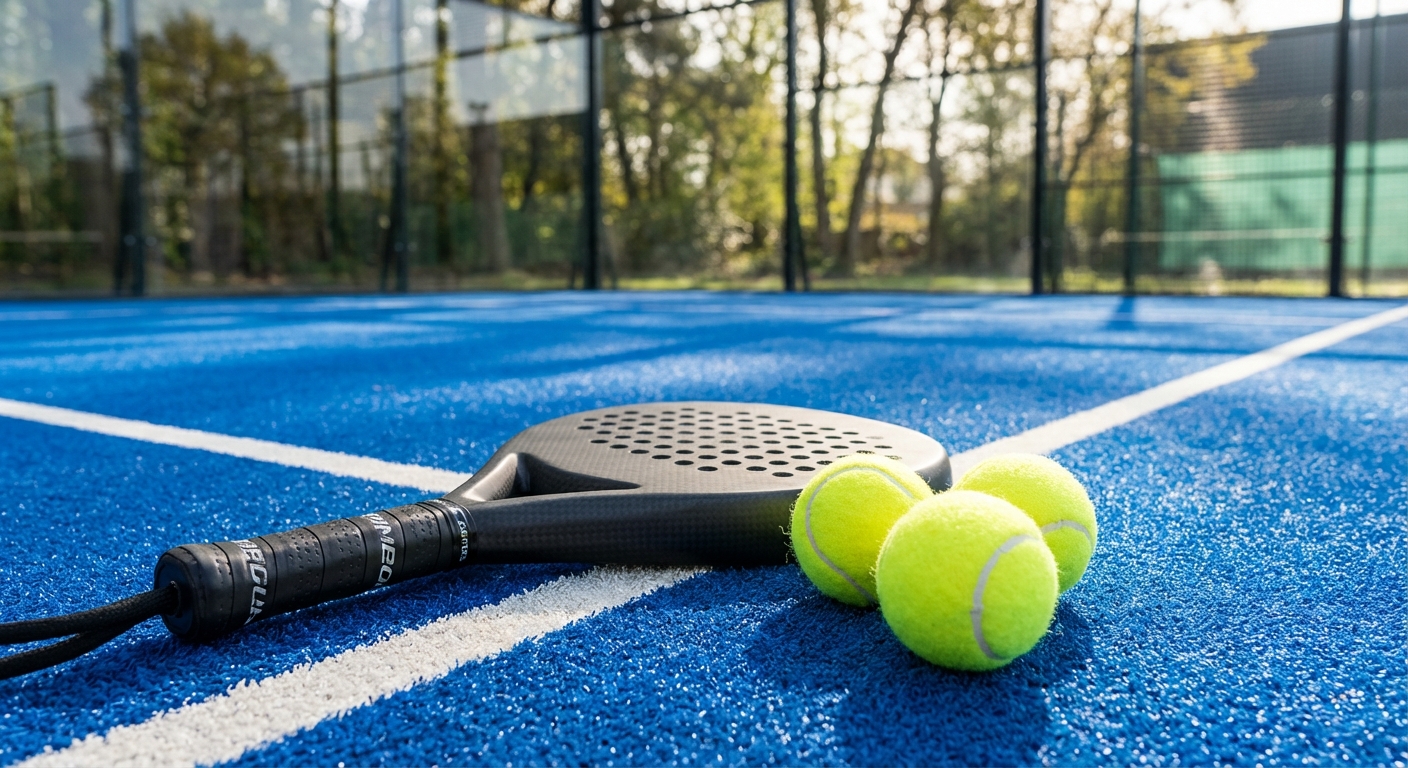 Padel racket and balls on a blue textured surface
