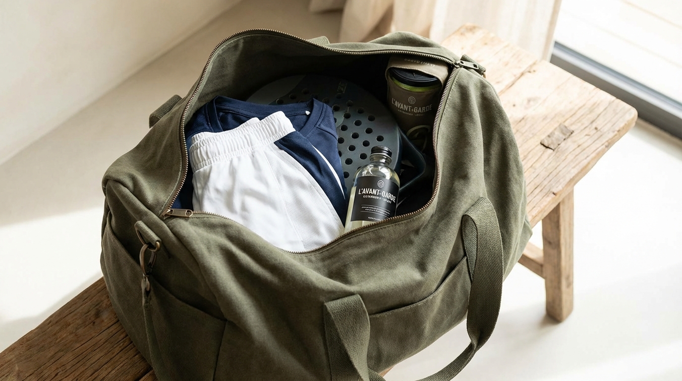 lifestyle shot of padel gear in a gym bag