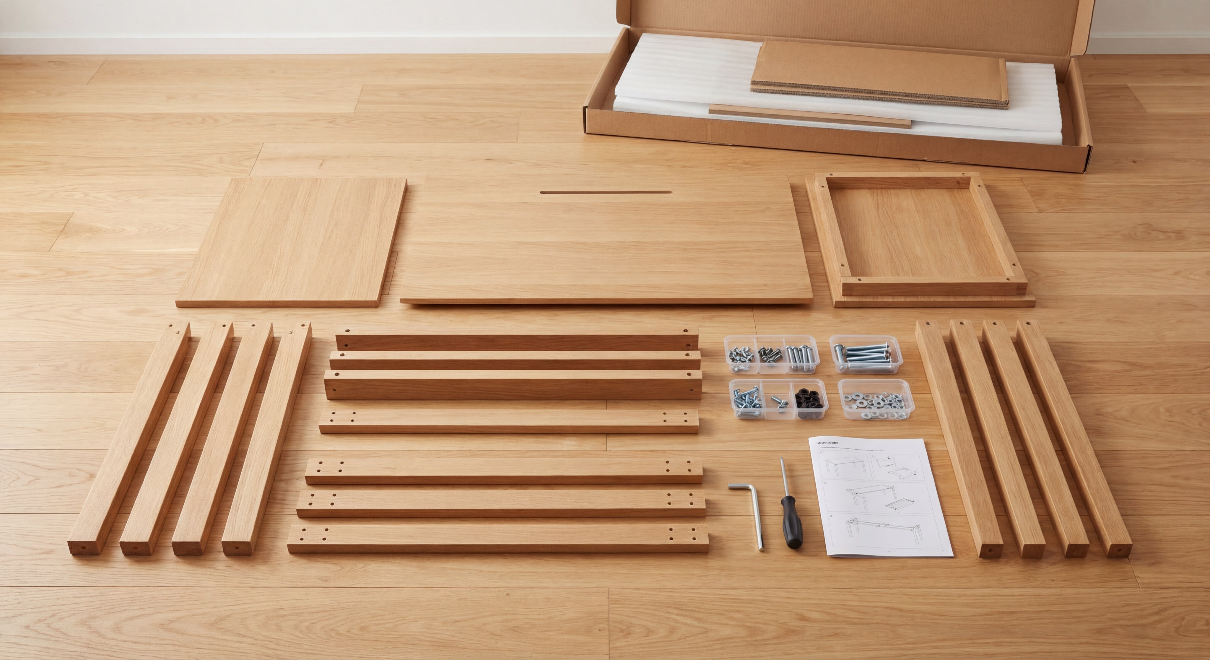 Unboxed furniture set with parts, screws, and hex key