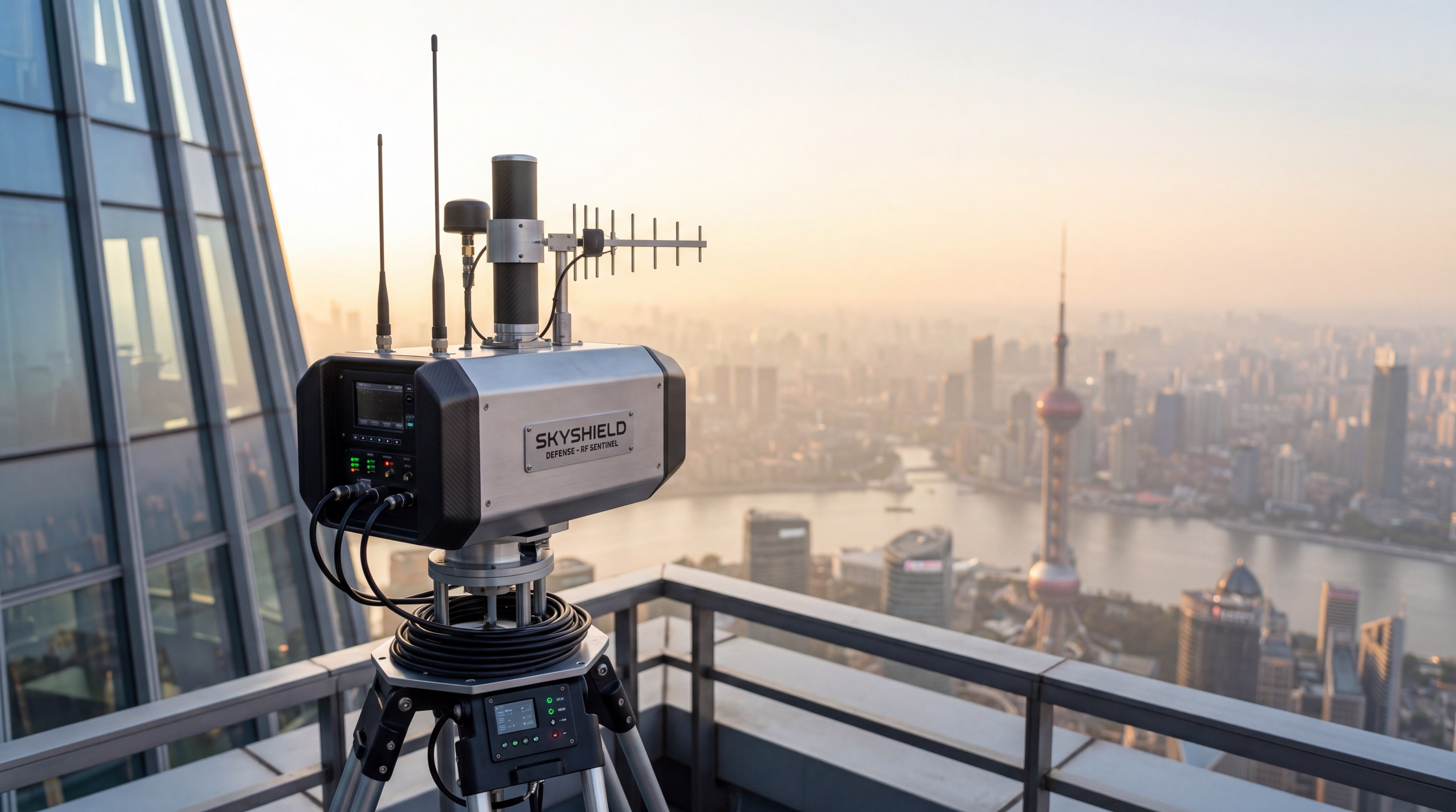 Rooftop-mounted RF sensors and optical cameras provide a multi-layered detection dome for modern high-rise security.