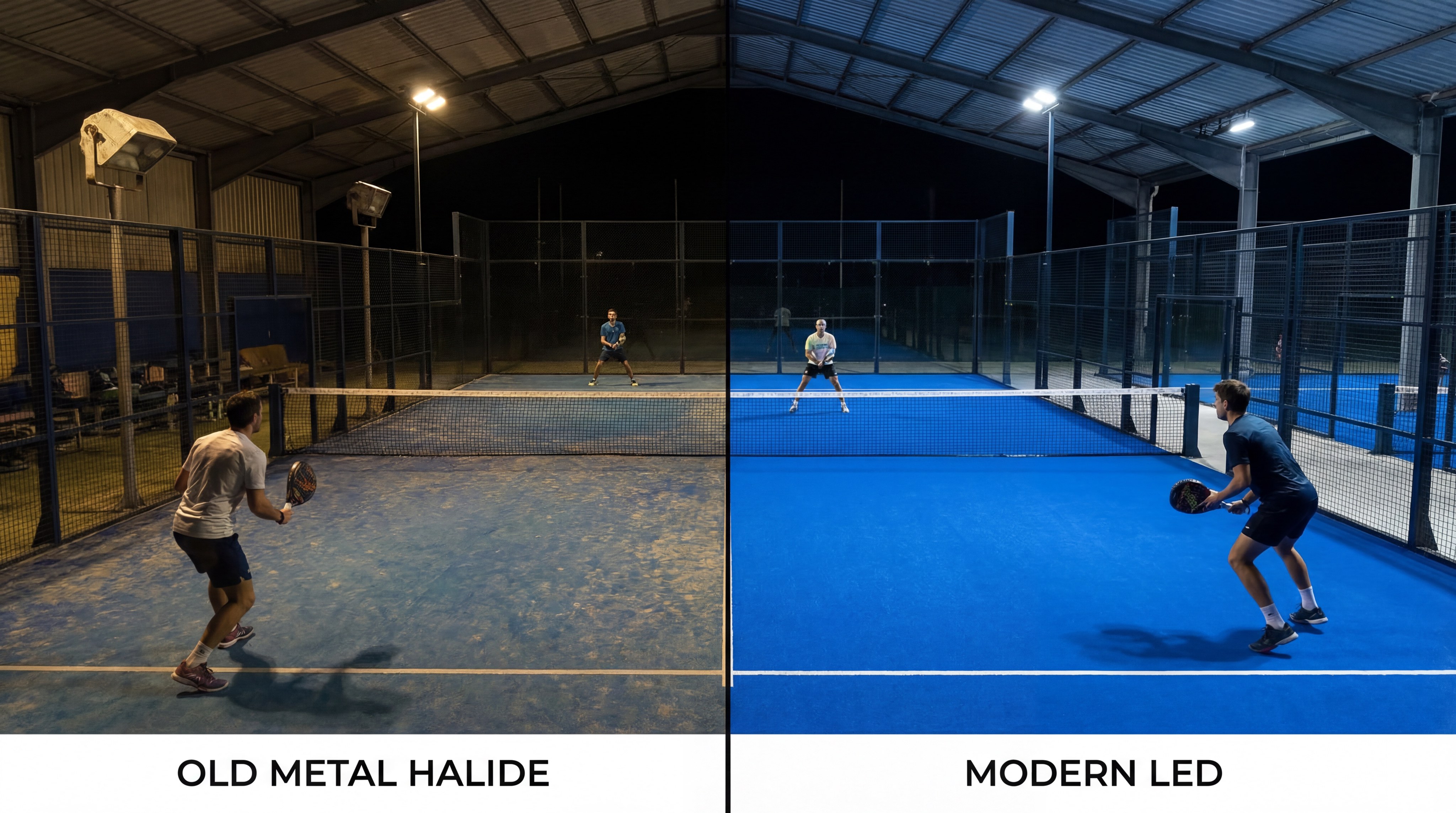 Photorealistic chart comparing old metal halide lighting vs modern LED efficiency
