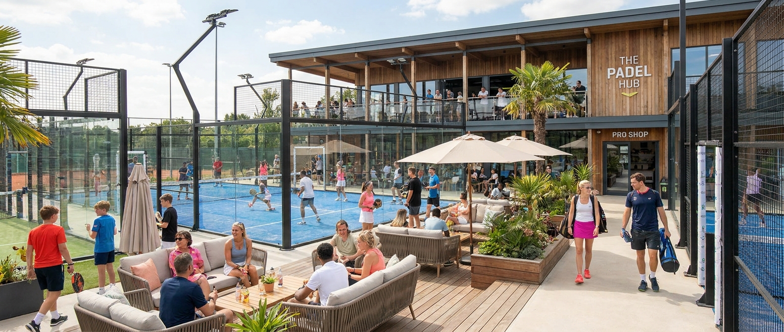 Image 7: A modern padel club vibrant sports scene with LED lighting
