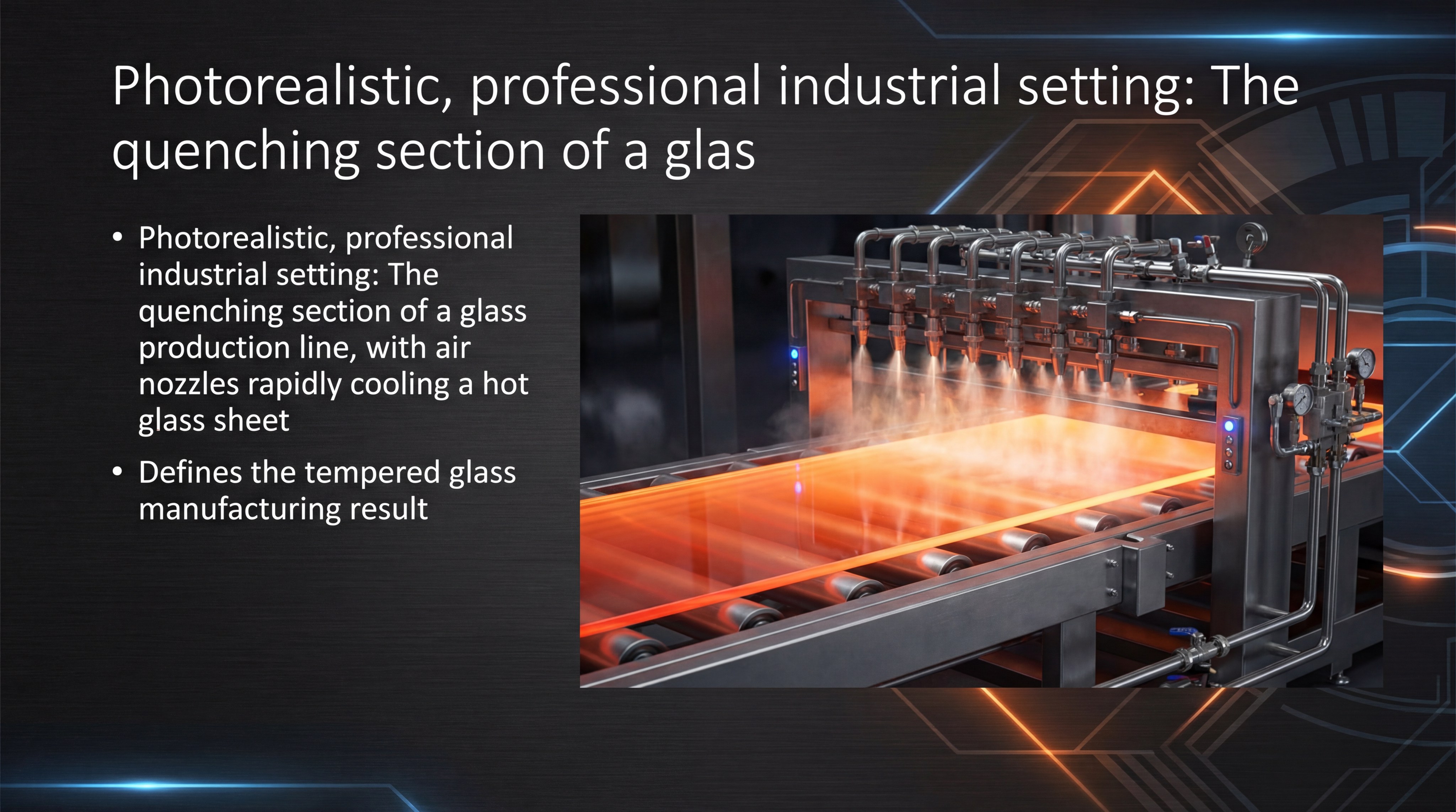 The quenching section of a glass production line, with air nozzles rapidly cooling a hot glass sheet