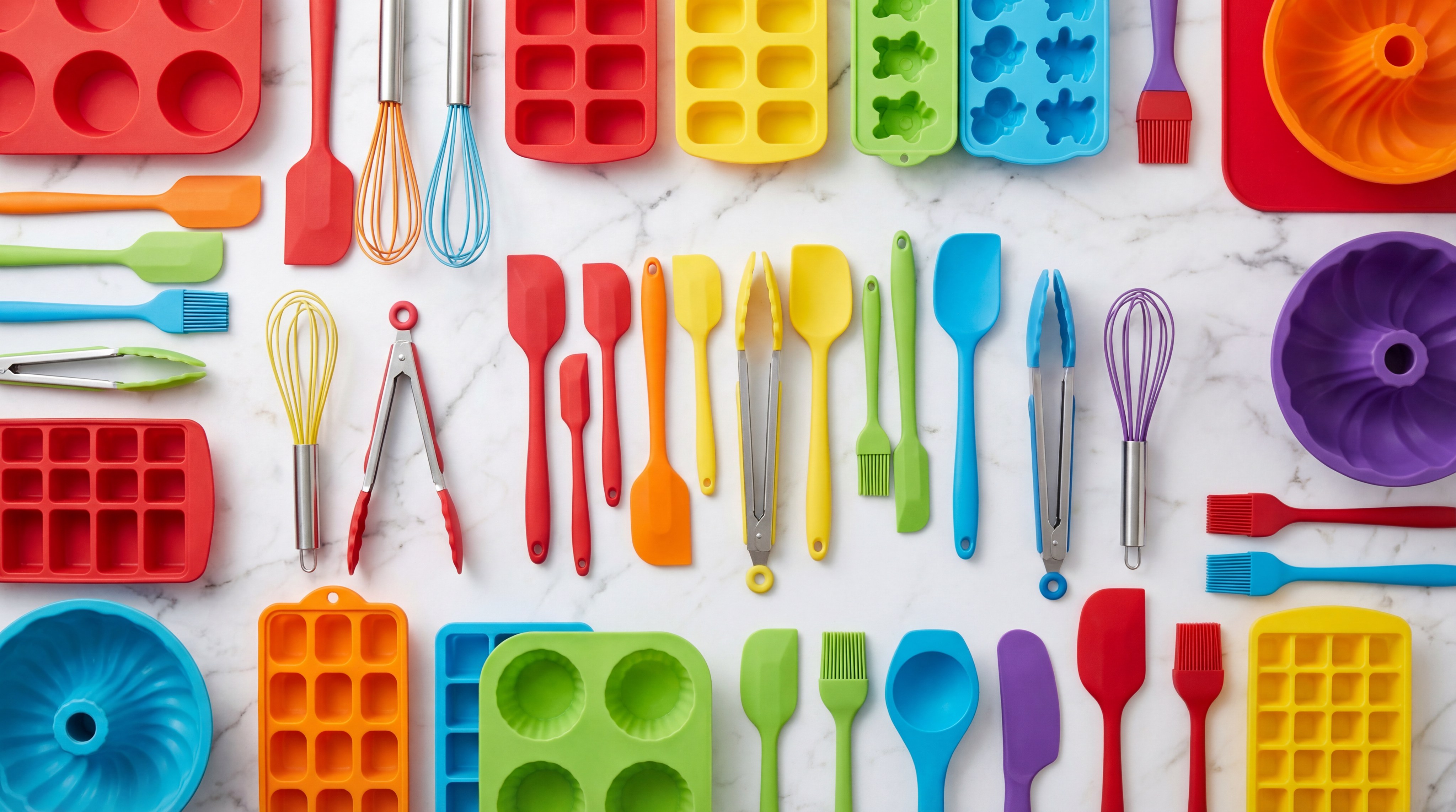 A variety of colorful silicone kitchenware tools arranged on a marble surface