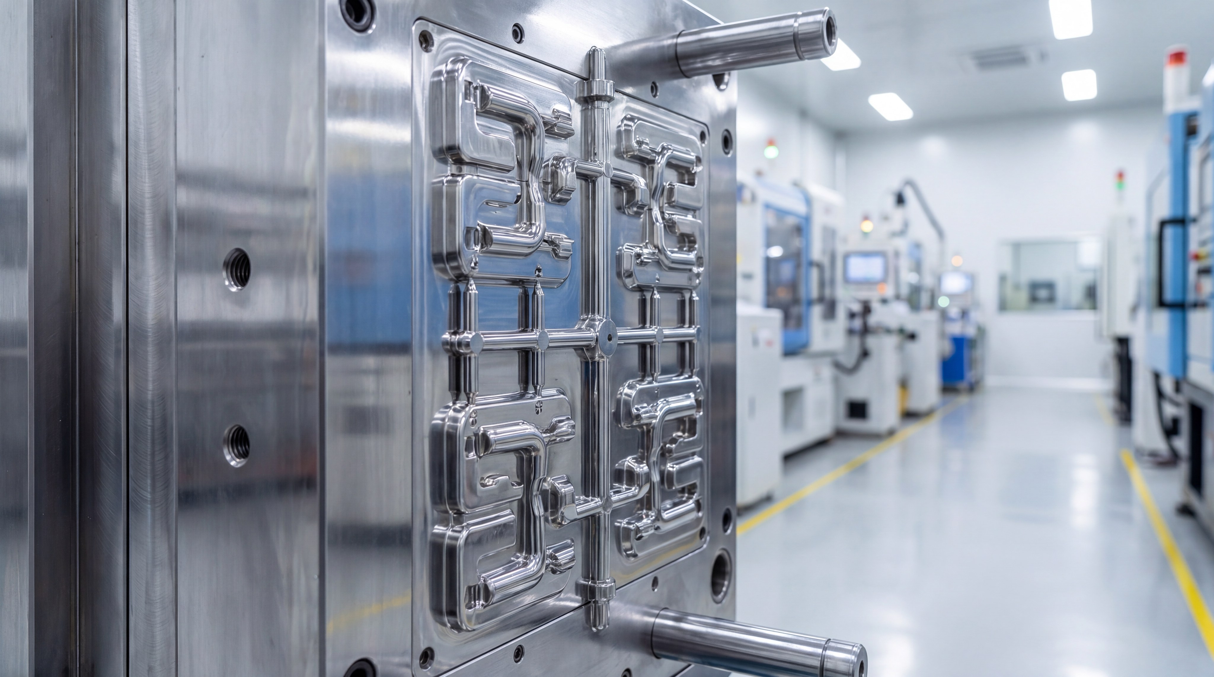 A close-up shot of a high-precision multi-cavity LSR injection mold made of polished S136 stainless steel.