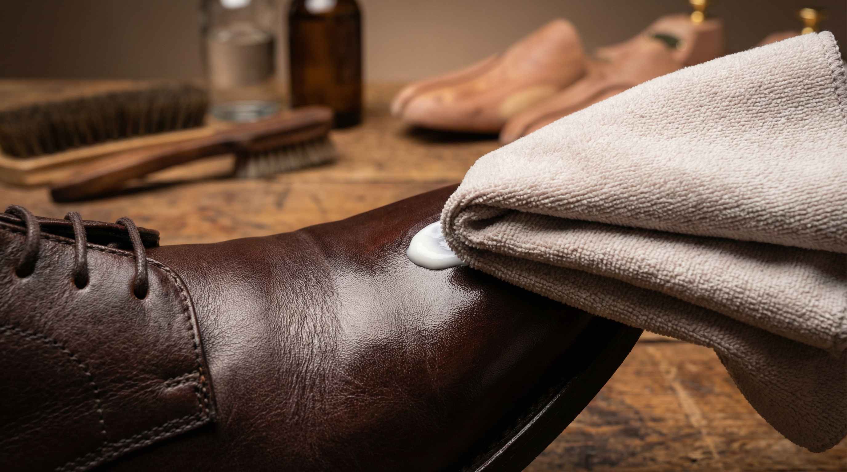 A close-up of a premium dark brown leather dress shoe being cleaned with a specialized leather cream and a soft microfiber cloth on a wooden workbench.