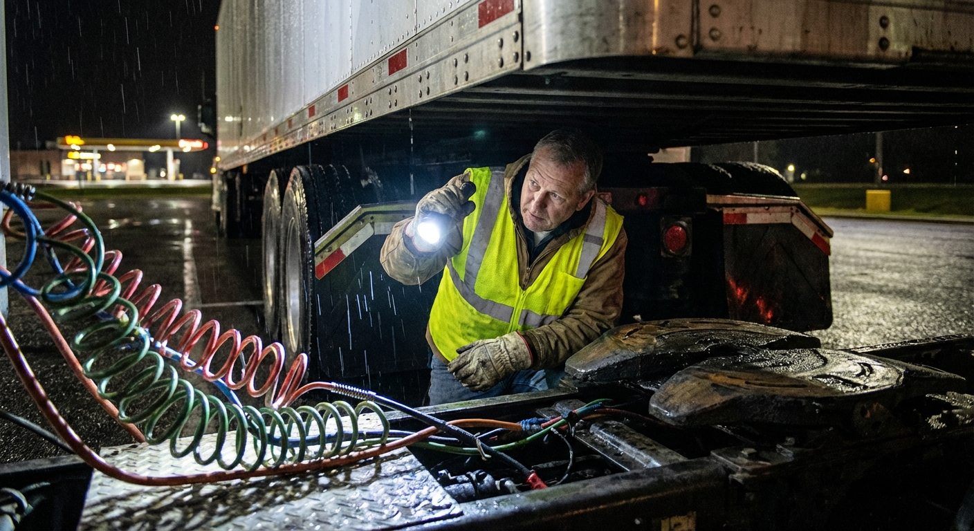 Truck driver in a high-visibility vest using a flashlight to inspect air lines at night