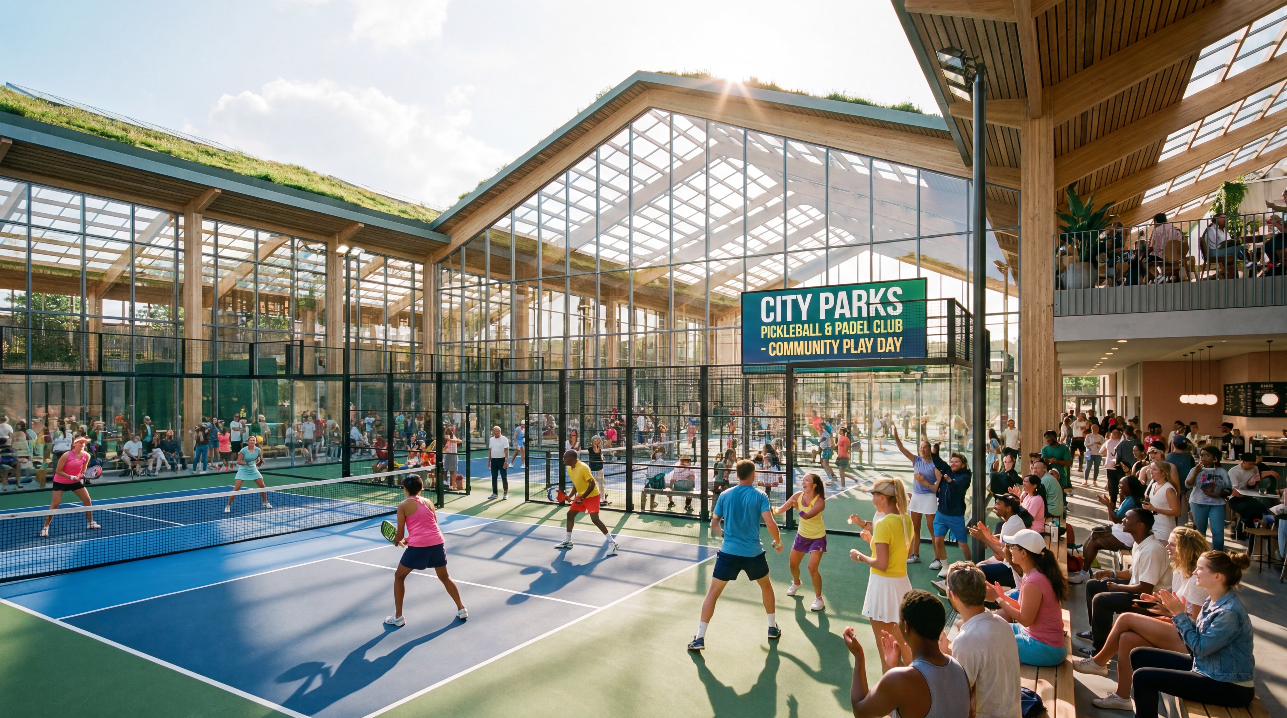 Community playing racket sports at an urban center