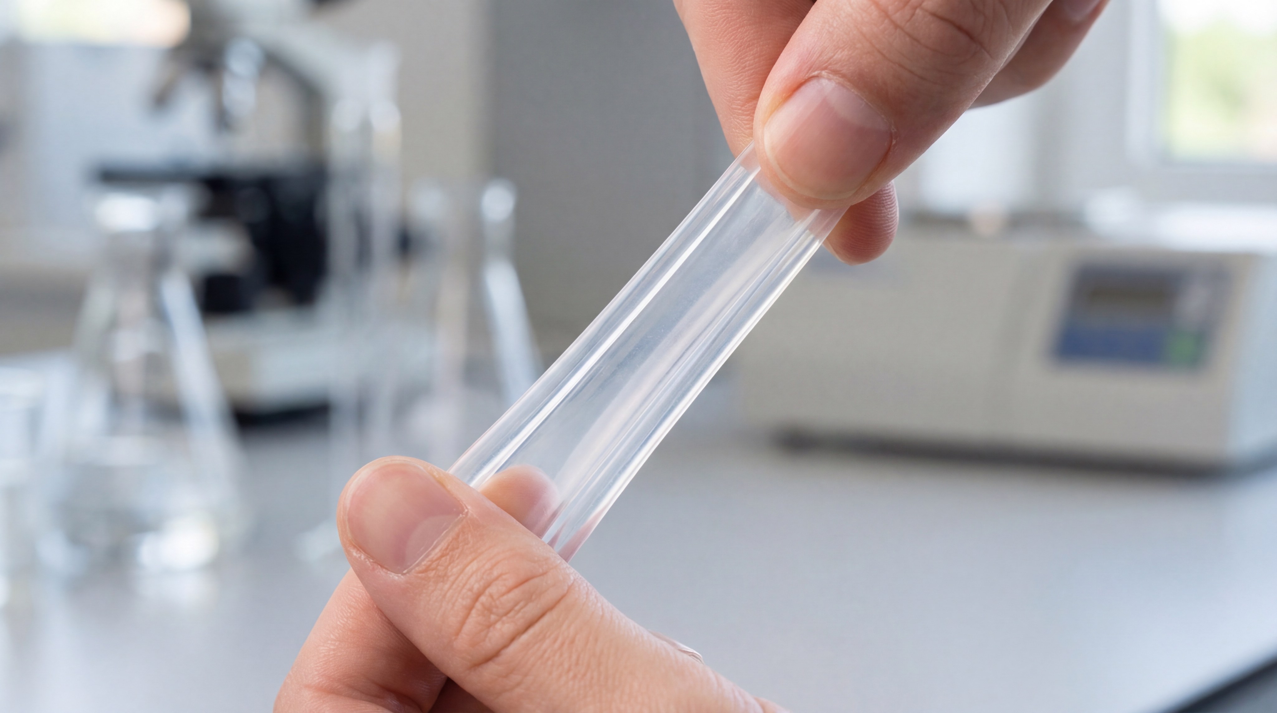 A macro shot of a silicone band being stretched to demonstrate the pinch test showing no color change.