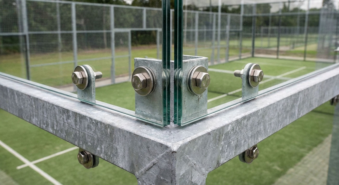 Close-up photorealistic shot of a padel court's corner where the glass meets the steel frame, showing the high-quality finish and industrial fasteners.