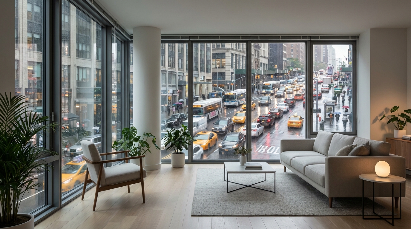 Urban apartment window overlooking a busy city street