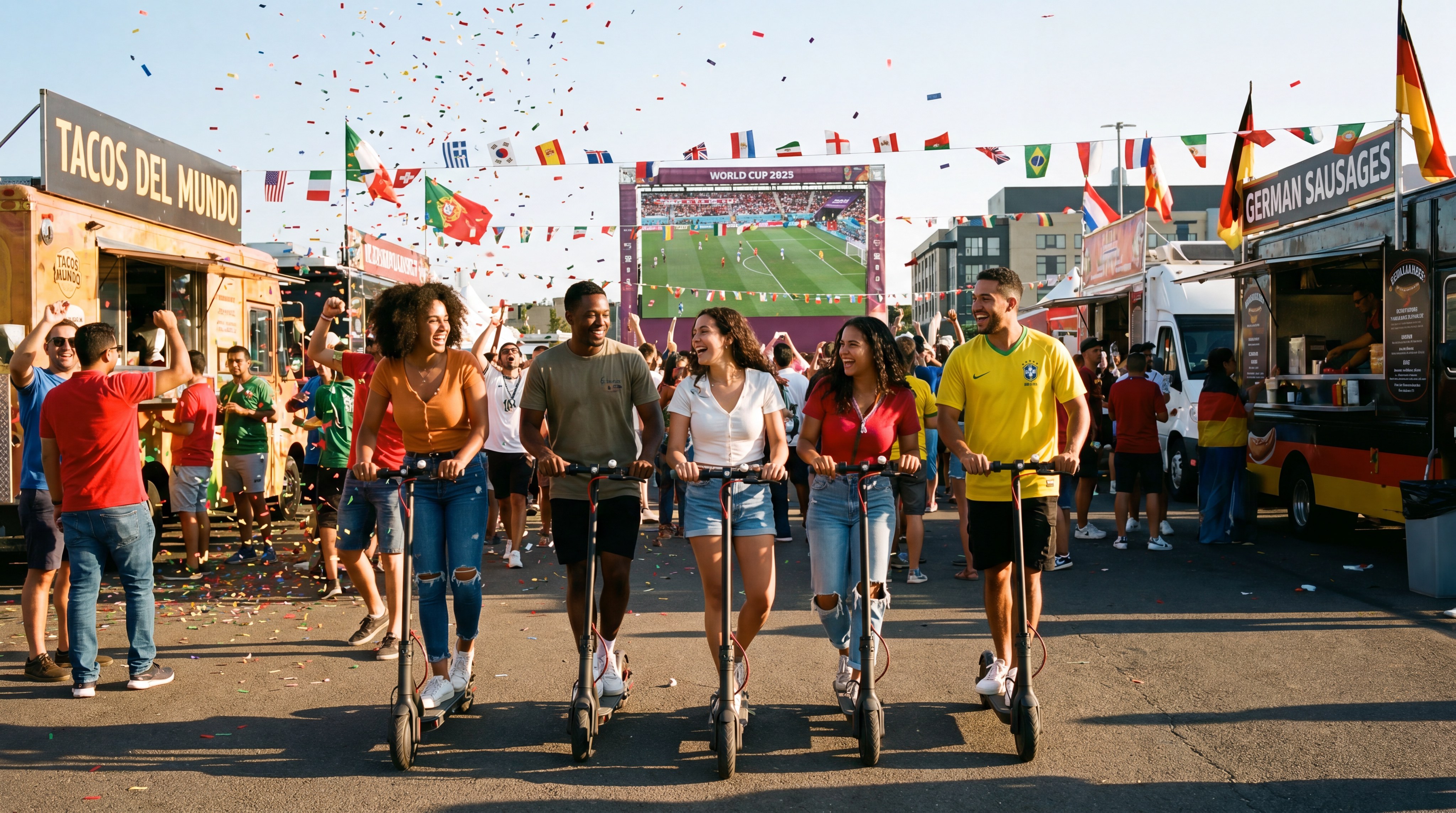 Group of happy soccer fans riding electric scooters