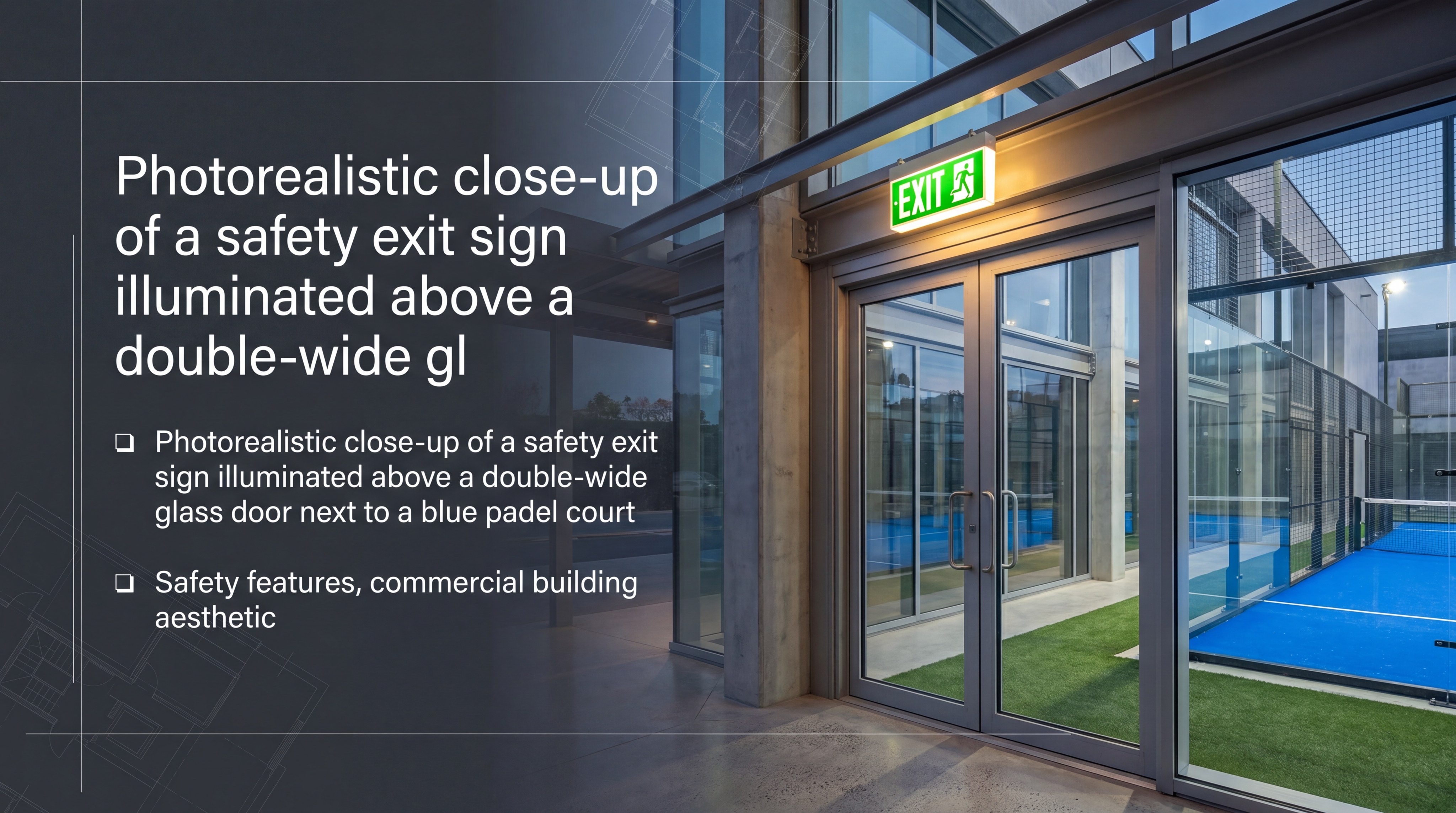 Photorealistic close-up of a safety exit sign illuminated above a double-wide glass door next to a blue padel court