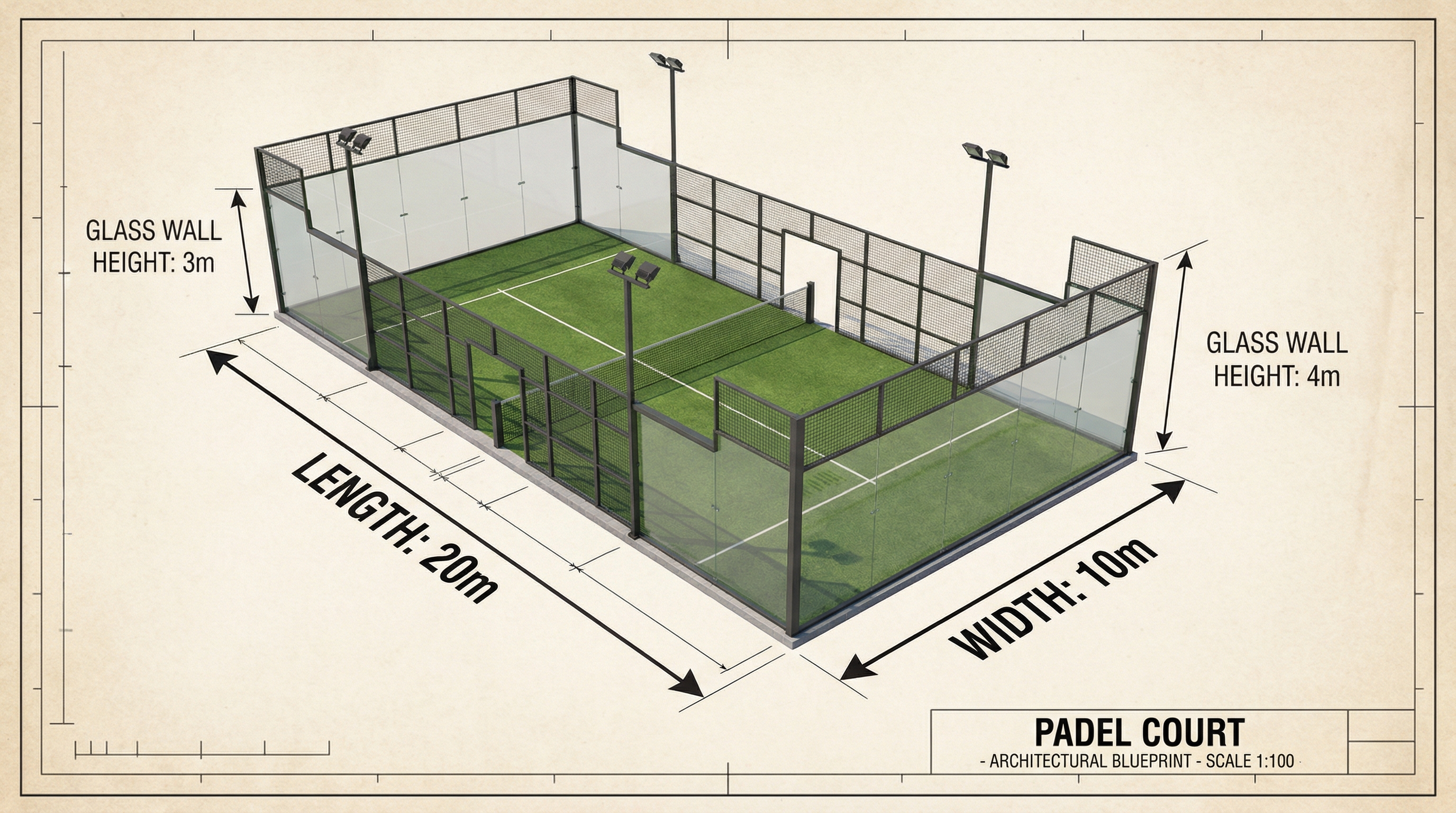 3D technical blueprint of a padel court