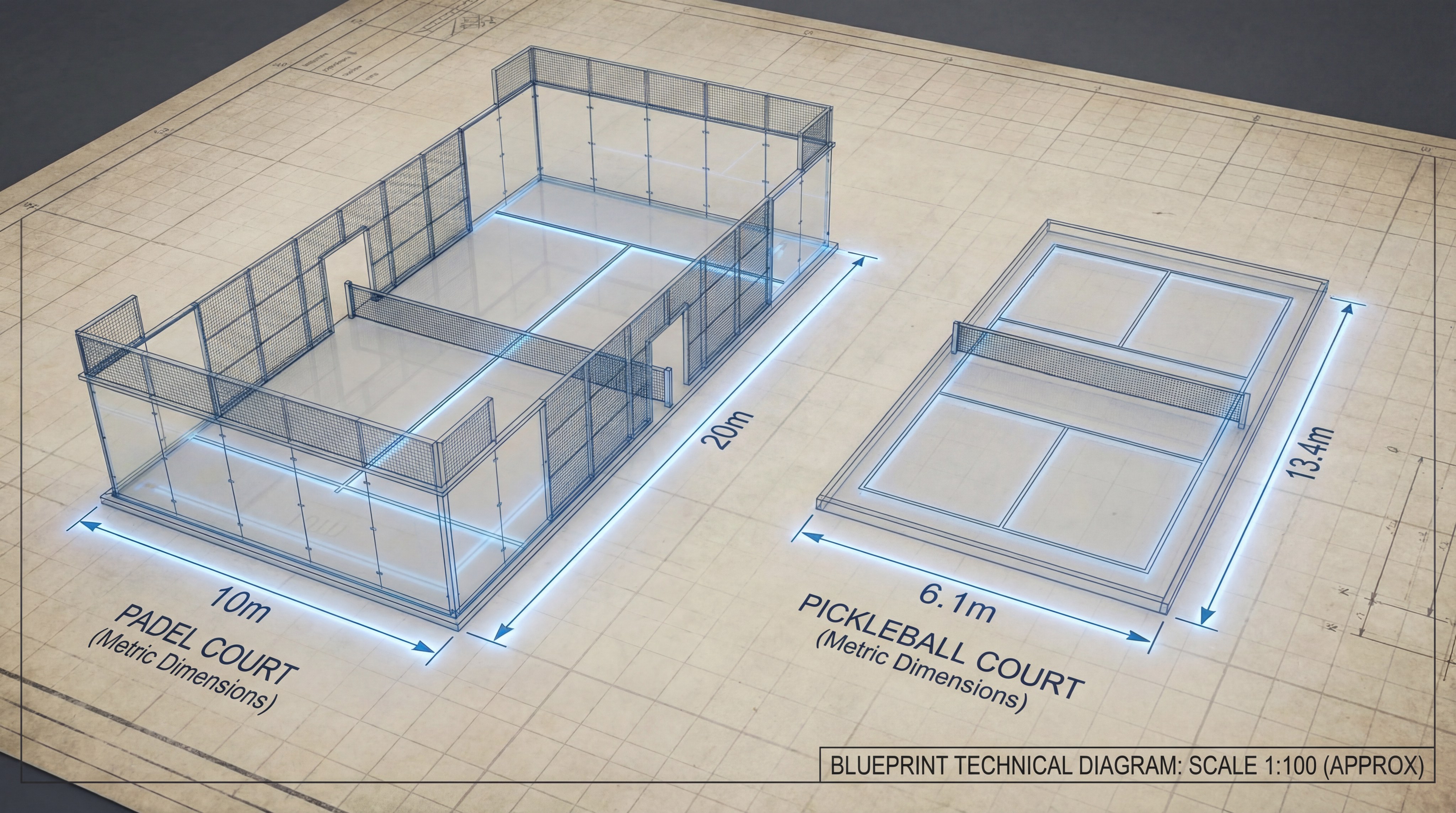 Technical blueprint of padel and pickleball court dimensions