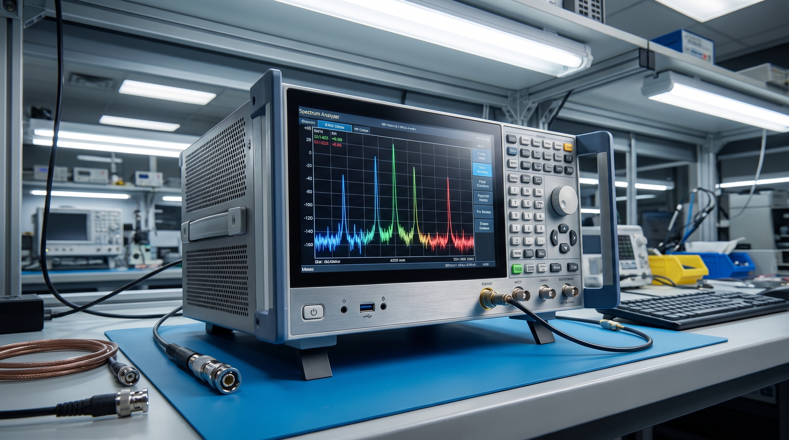 Figure 1: Digital spectrum analyzer tracking frequency-domain peak emission spikes on a laboratory bench.
