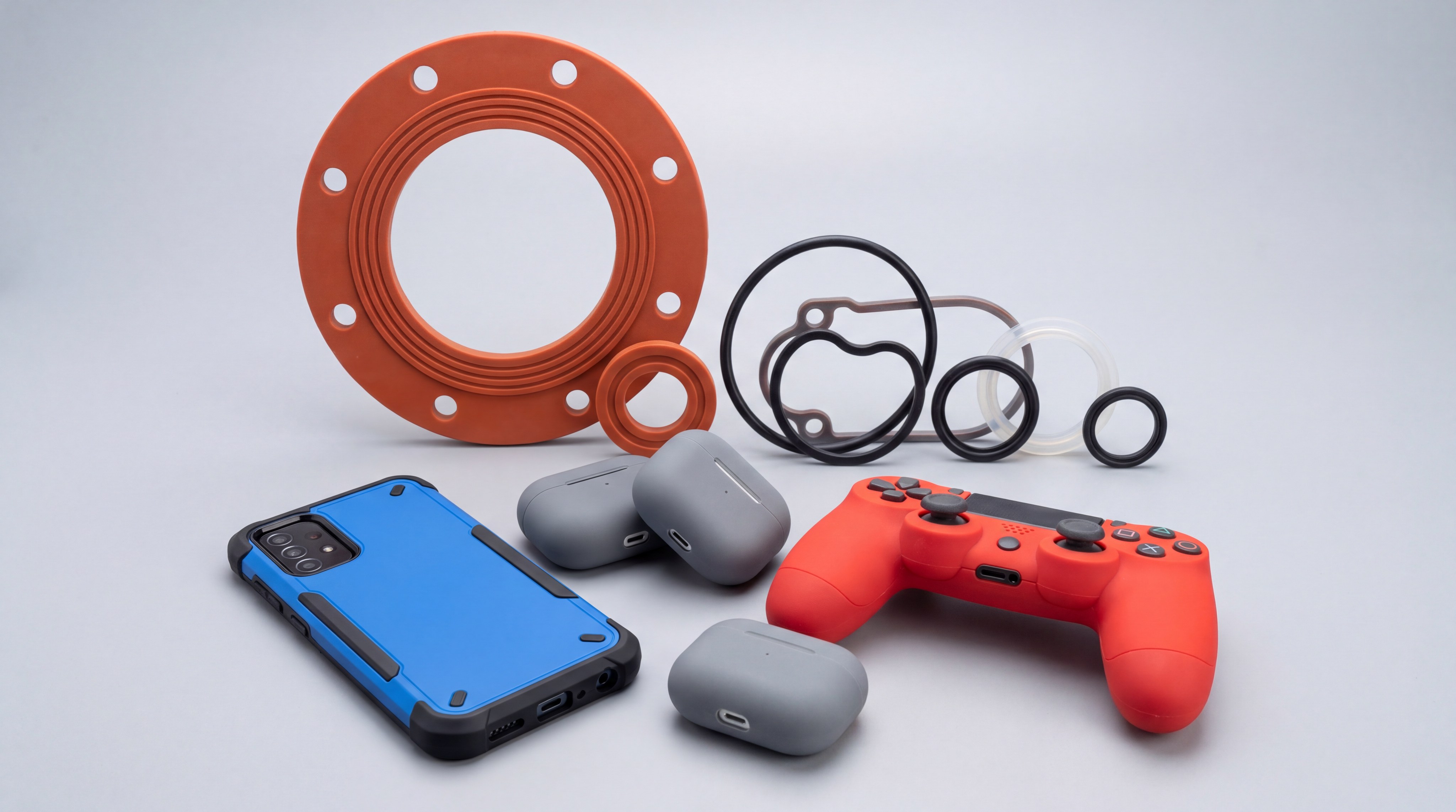 A variety of silicone overmolded components including seals and electronics