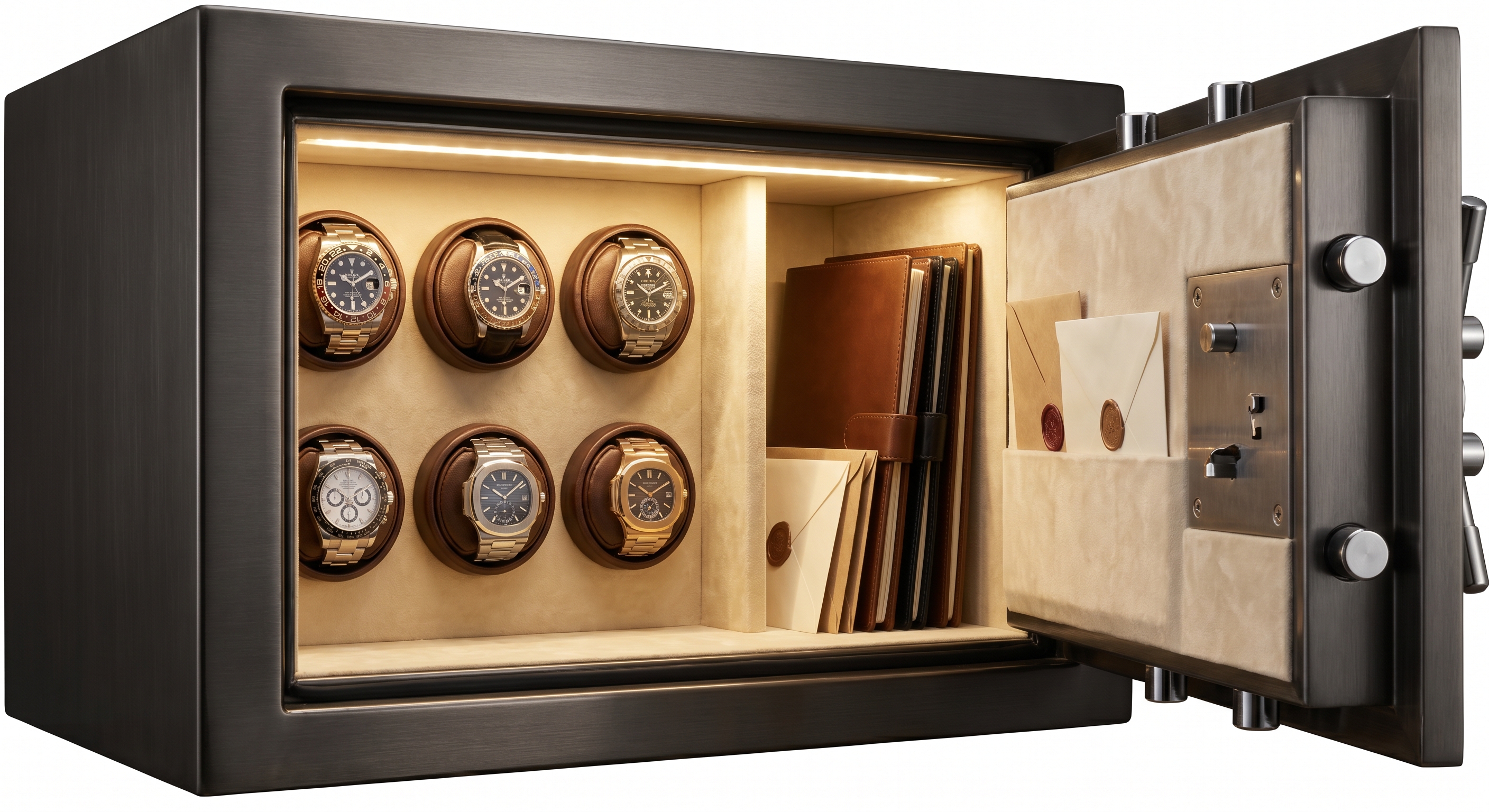 Luxury safe interior with watch winders and storage