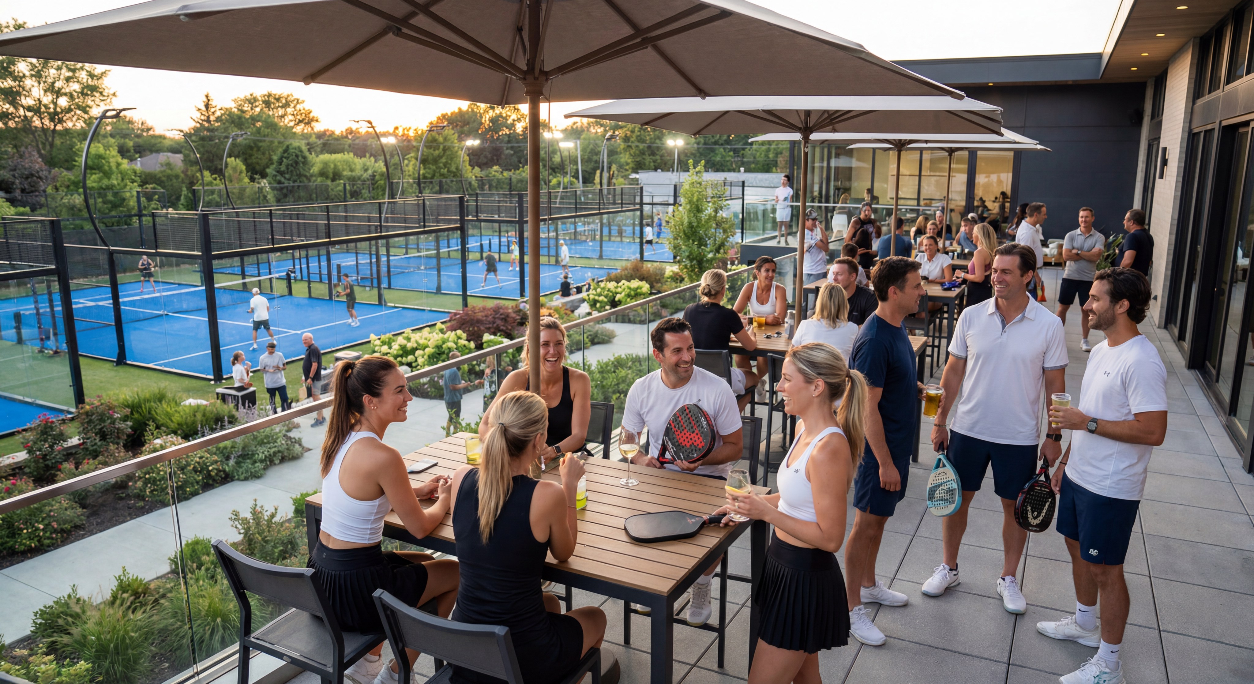 Clubhouse terrace overlooking active sports courts