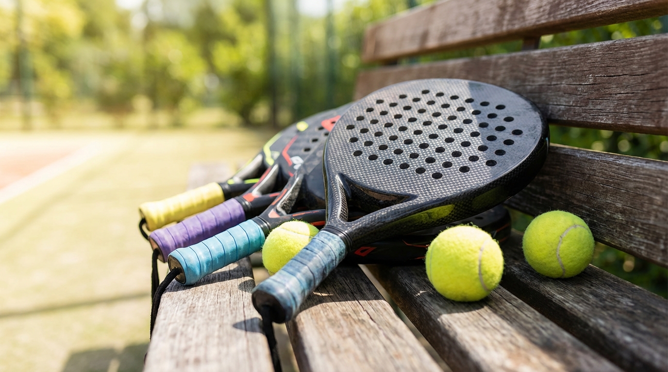 Padel rackets and balls close up