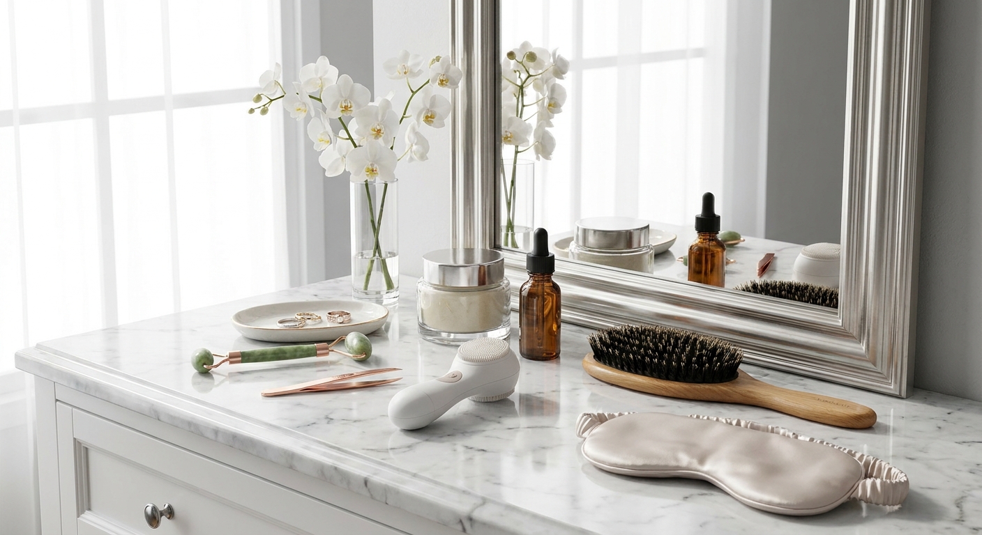 Elegant Beauty Accessories on Marble Vanity