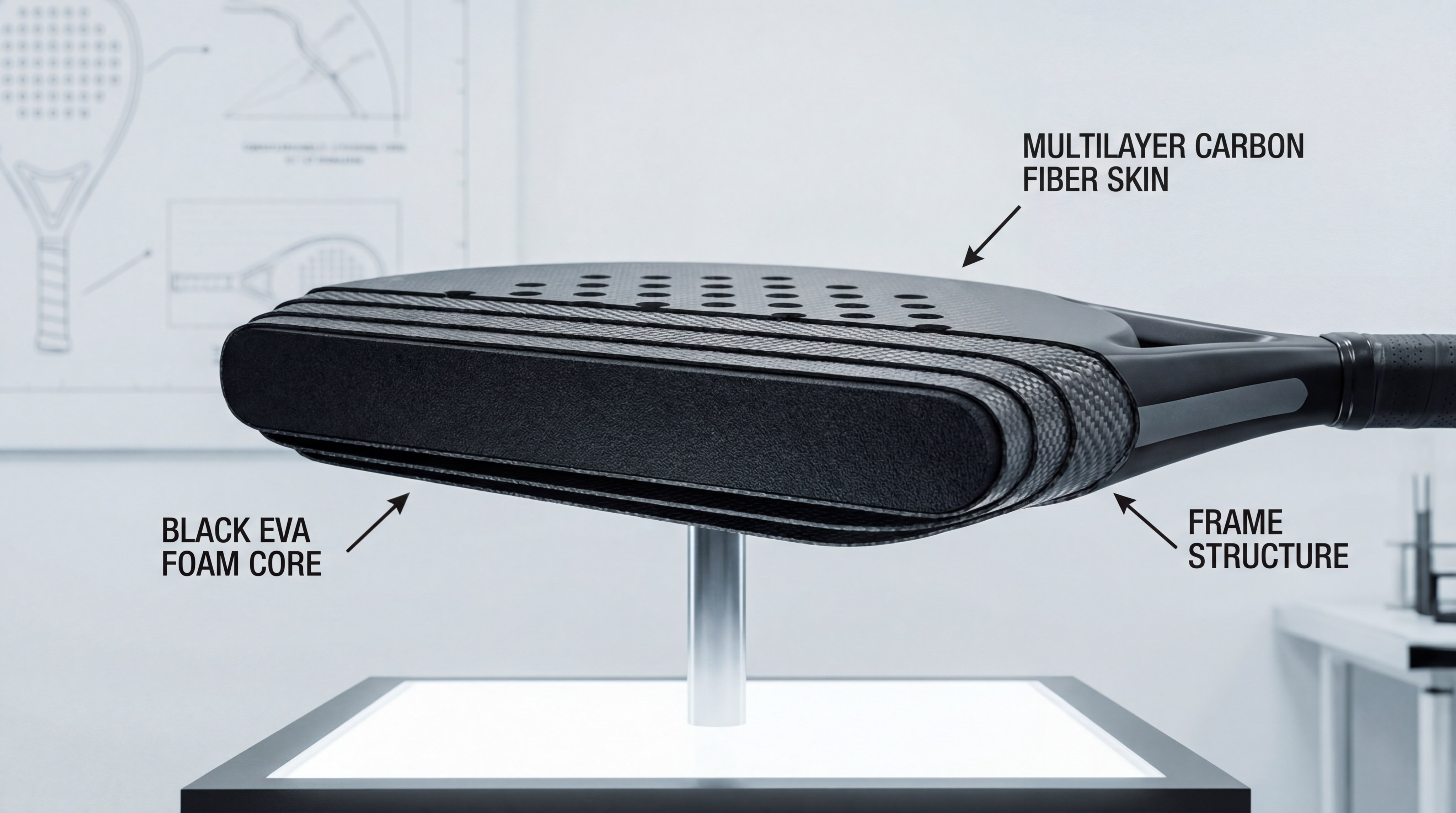 Internal cross-section of a padel racket revealing layers of black EVA foam and surface resins