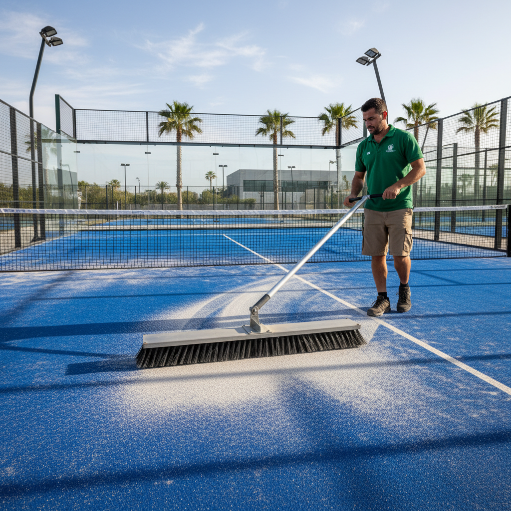 Brushing and sand maintenance on a padel court