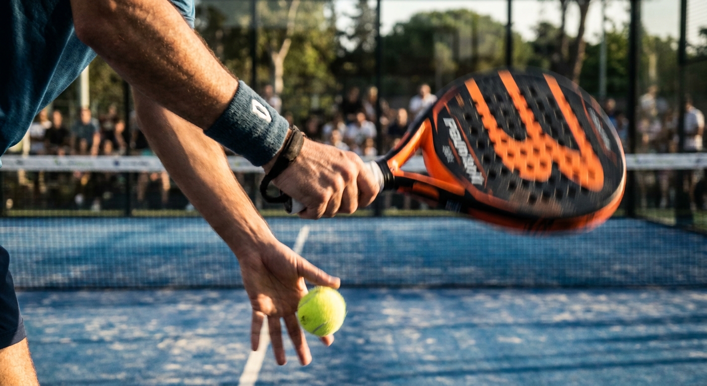 Low-angle action shot of an underhand padel serve