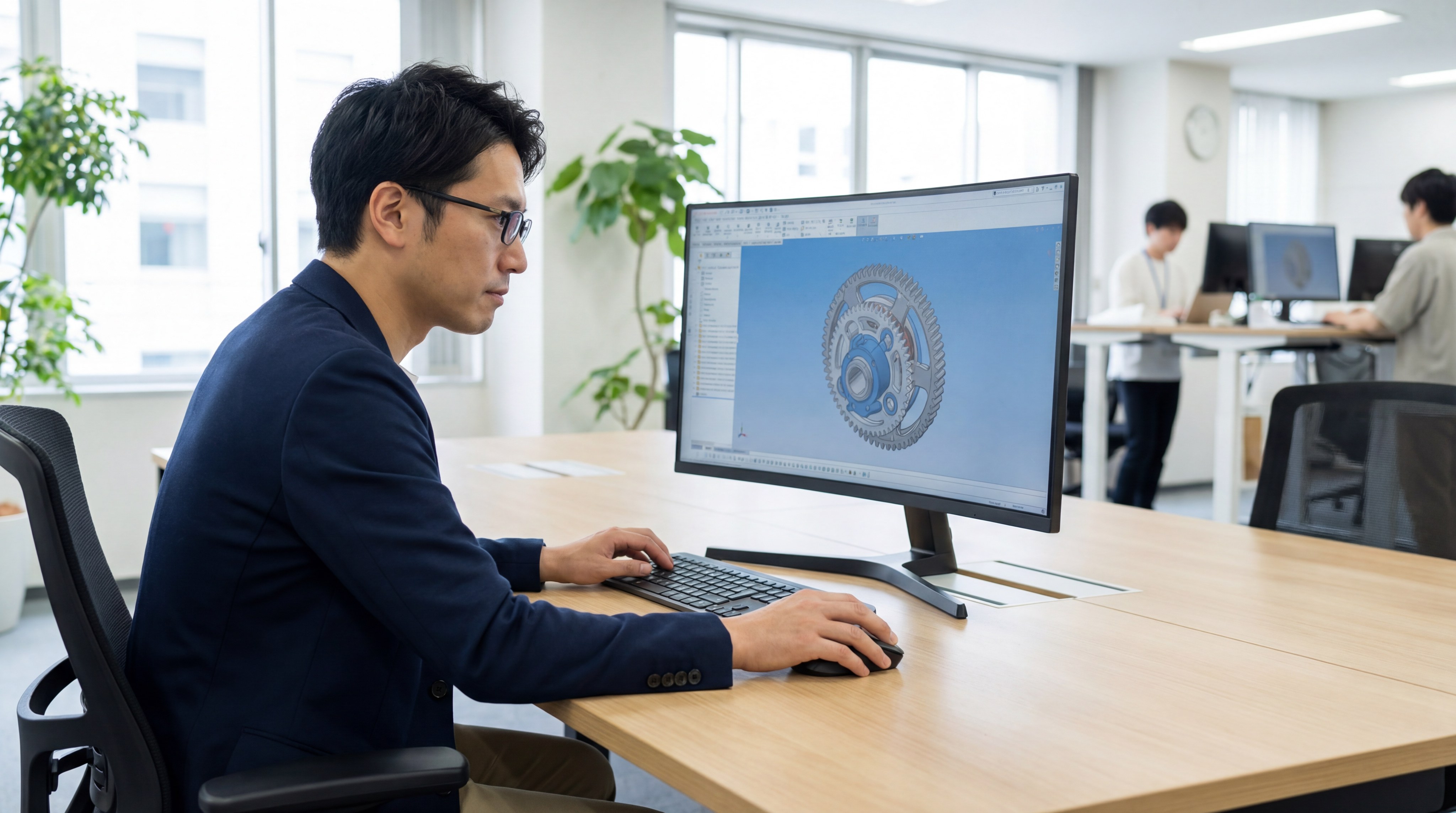 An Asian designer using a computer to plan a perfect plastic gear.