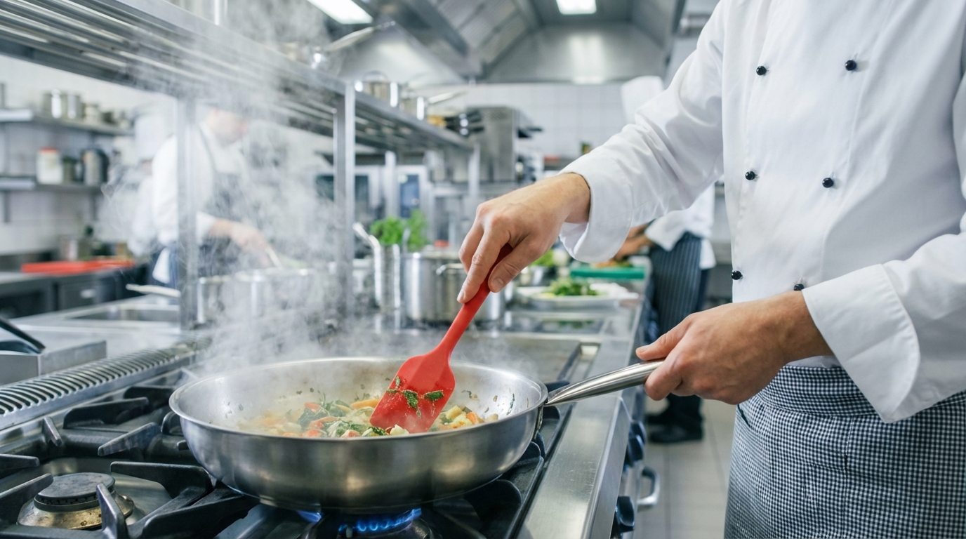 Professional chef using a red silicone spatula in a high-heat commercial kitchen environment
