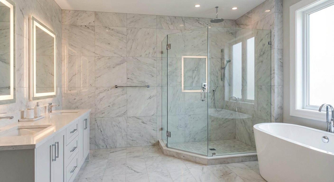 A frameless glass shower enclosure with chrome hardware in a luxury bathroom.
