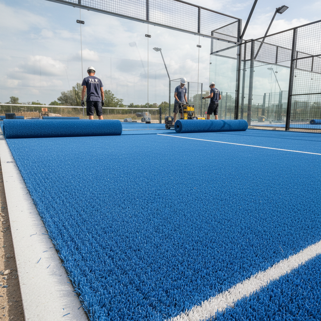 Installation of texturized blue synthetic turf on an indoor court, a critical phase in managing build quality and cost.