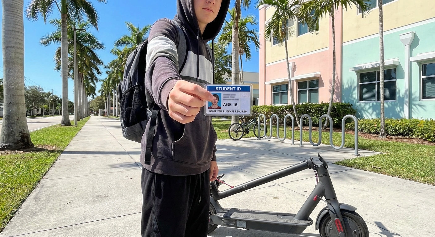 A 16-year-old student showing an ID next to an electric scooter