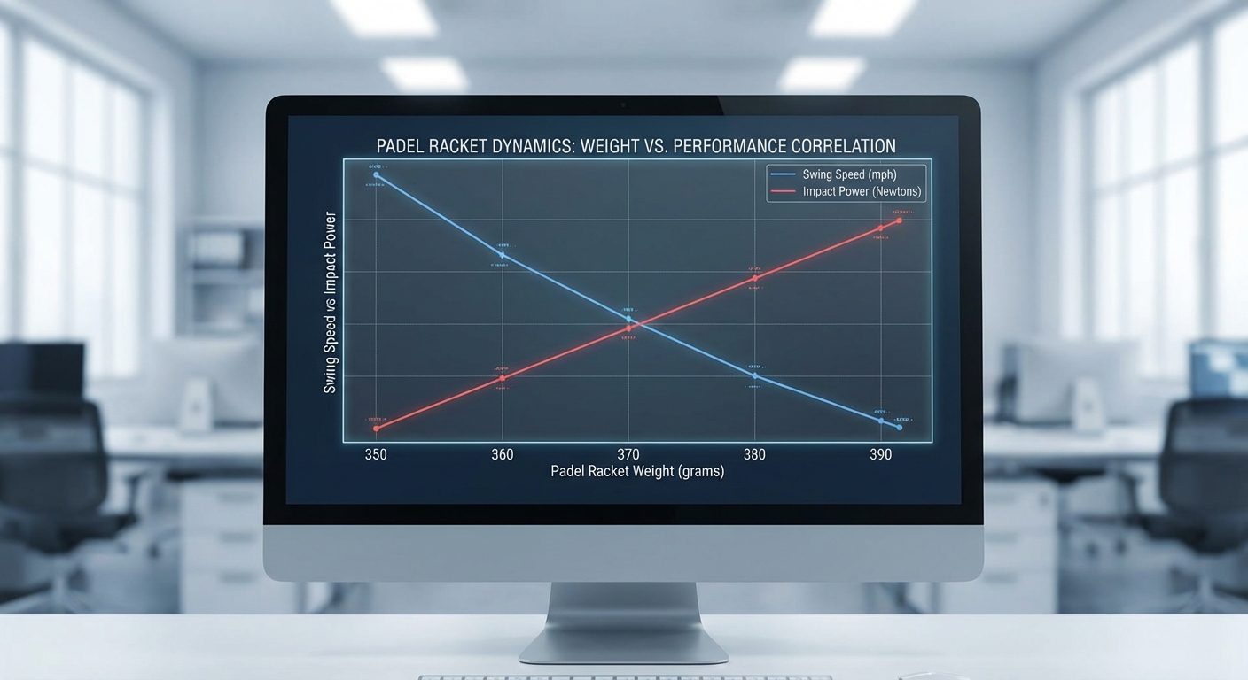 A performance graph correlating padel paddle weight with swing speed and impact power on a digital monitor.